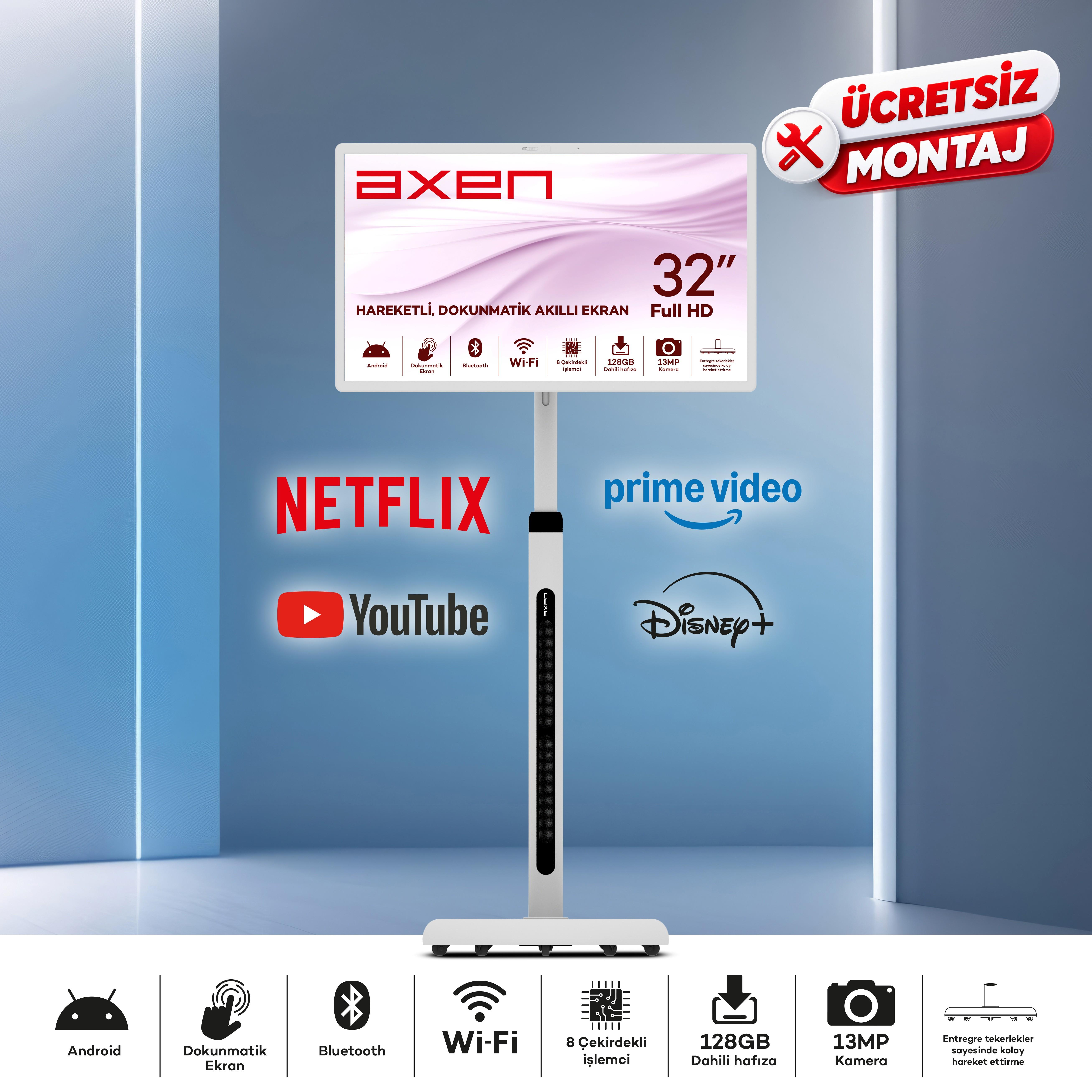 Mavi arka plan önünde Netflix, YouTube, Prime Video ve Disney+ logoları olan taşınabilir 32 inç Axen akıllı ekran.