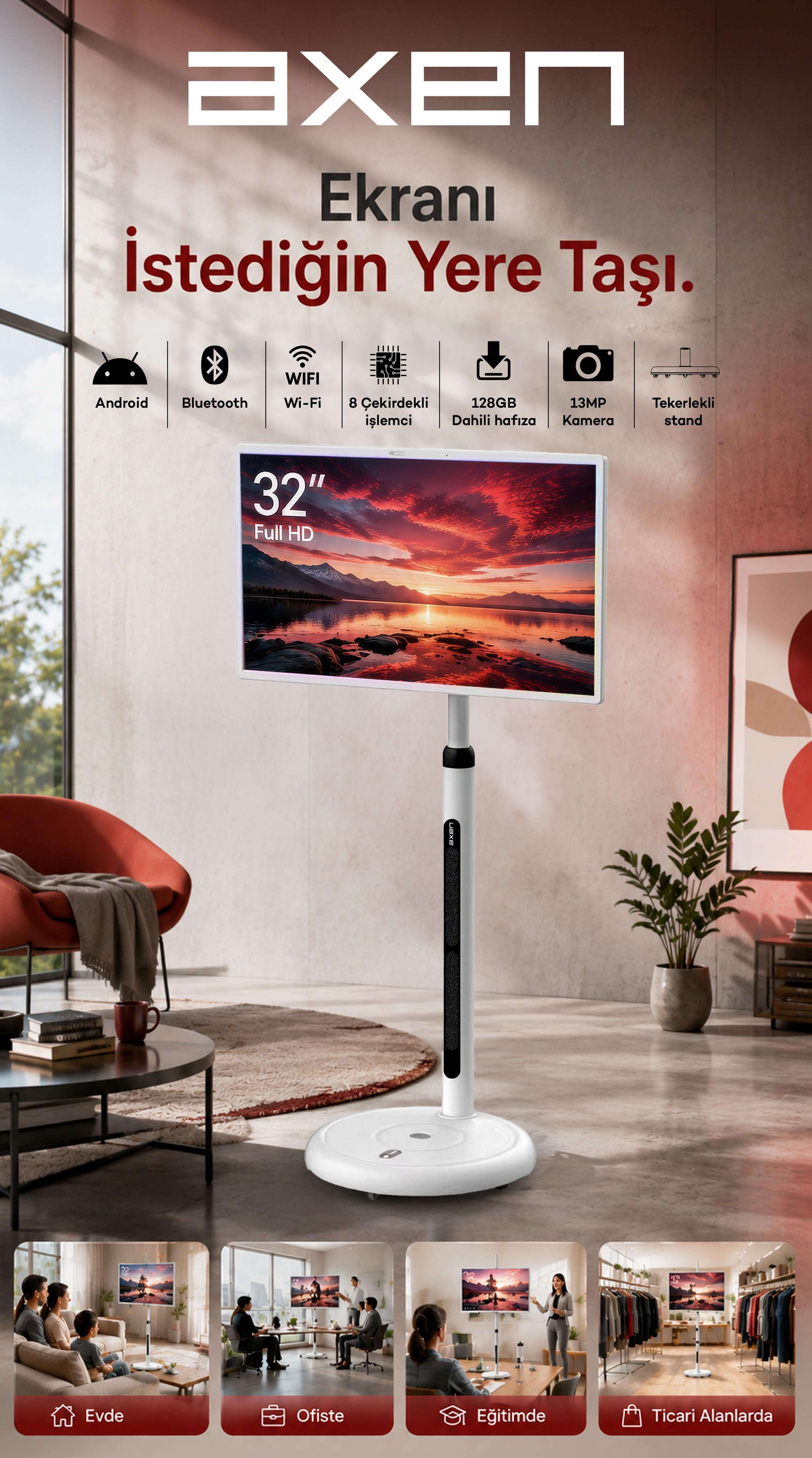 Modern bir odada beyaz tekerlekli stant üzerinde 32 inç Axen akıllı TV, üstte simgeler ve altta kullanım sahneleriyle.