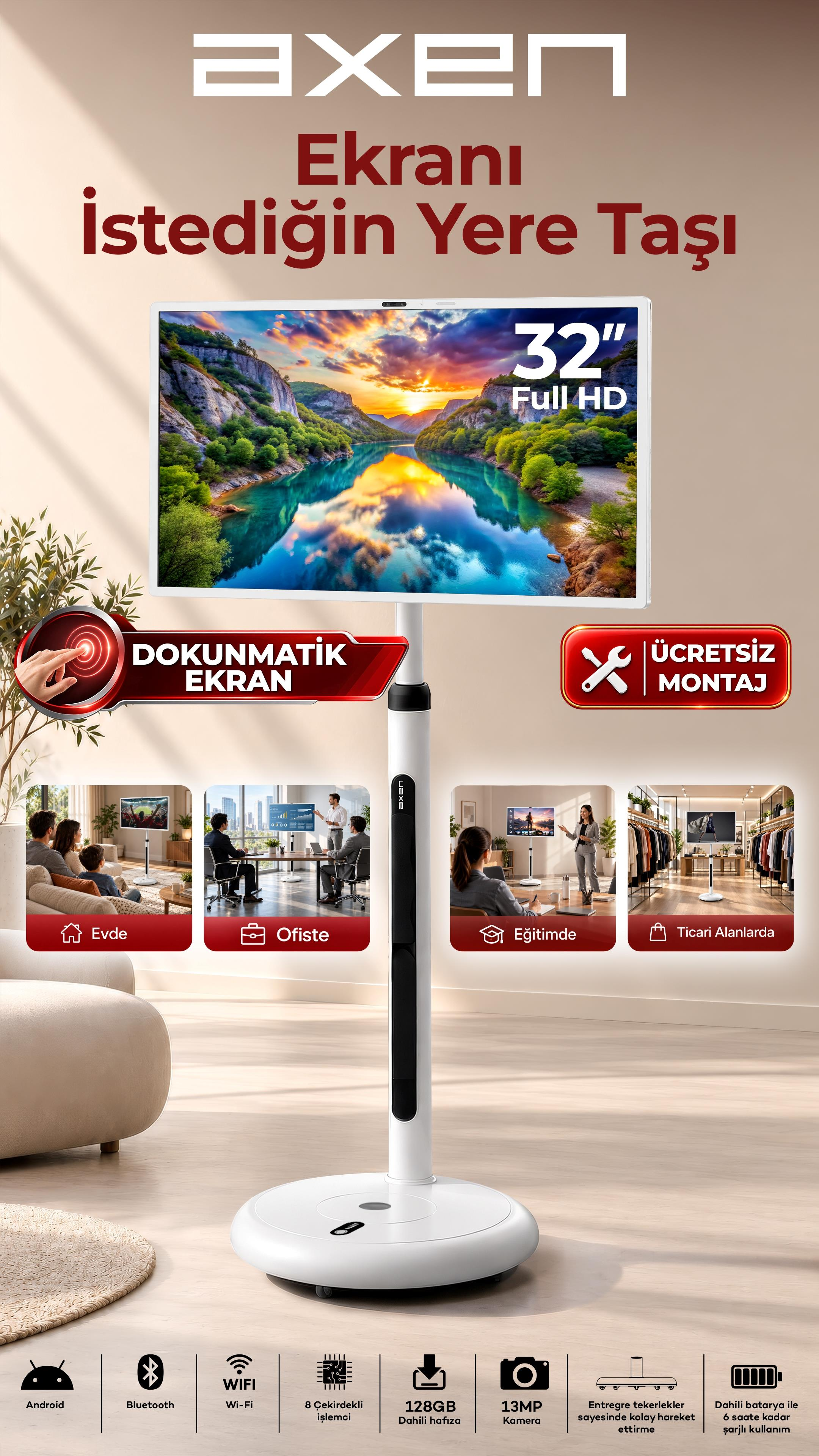 Tekerlekli ayaklı, çeşitli kullanım alanlarını gösteren taşınabilir beyaz 32 inç akıllı TV.