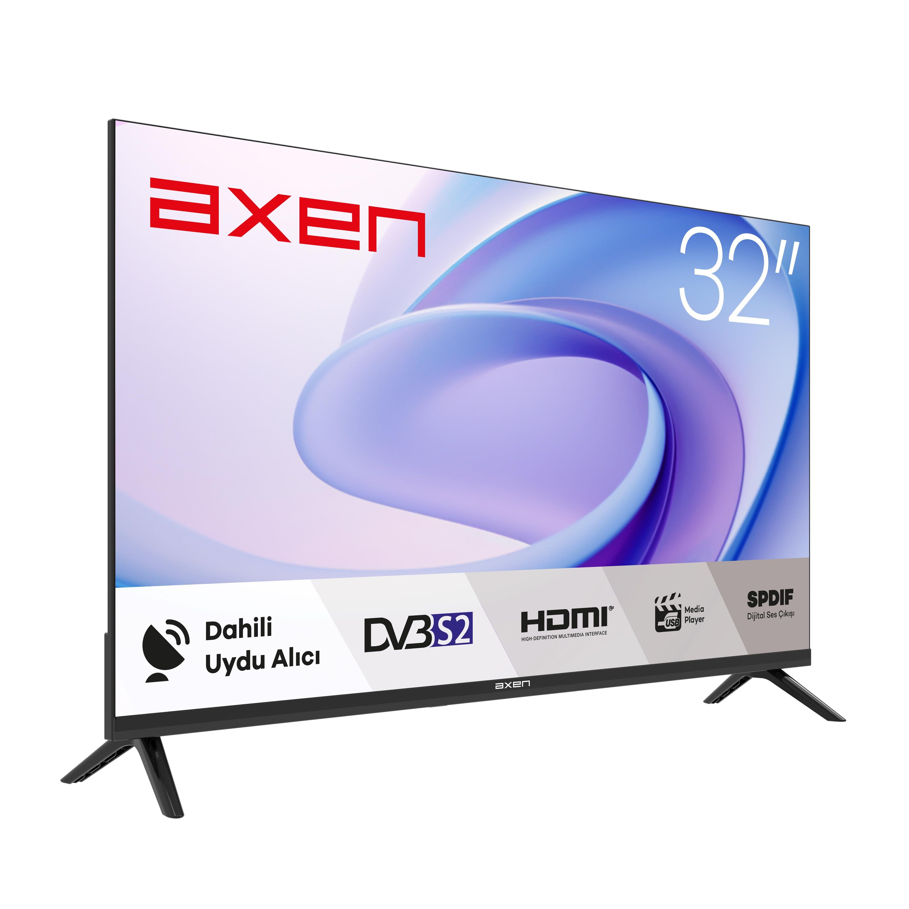 Dahili uydu alıcısı ve HDMI özellikli 32 inç AXEN televizyon.
