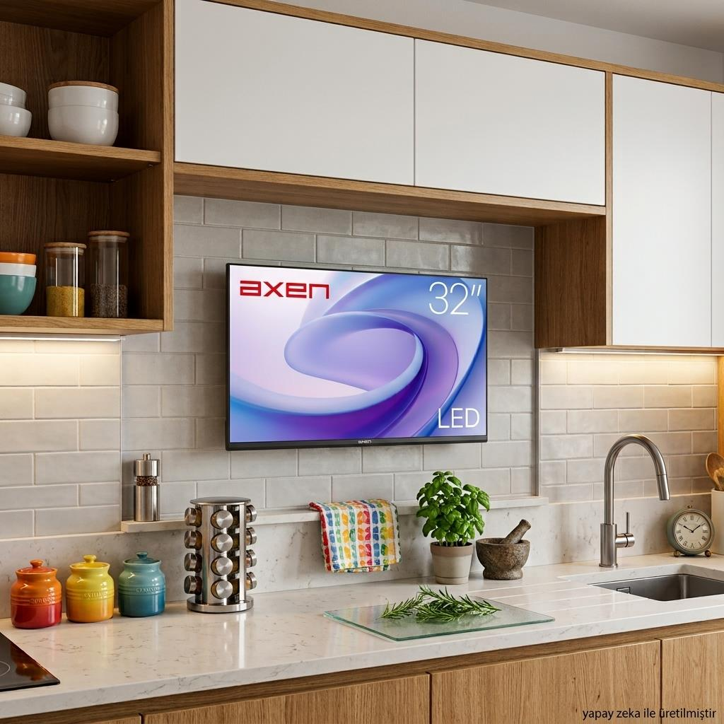 Mutfak tezgahı üzerinde çeşitli eşyalar ve lavabonun arkasında duvara monte edilmiş 32 inç Axen LED TV.