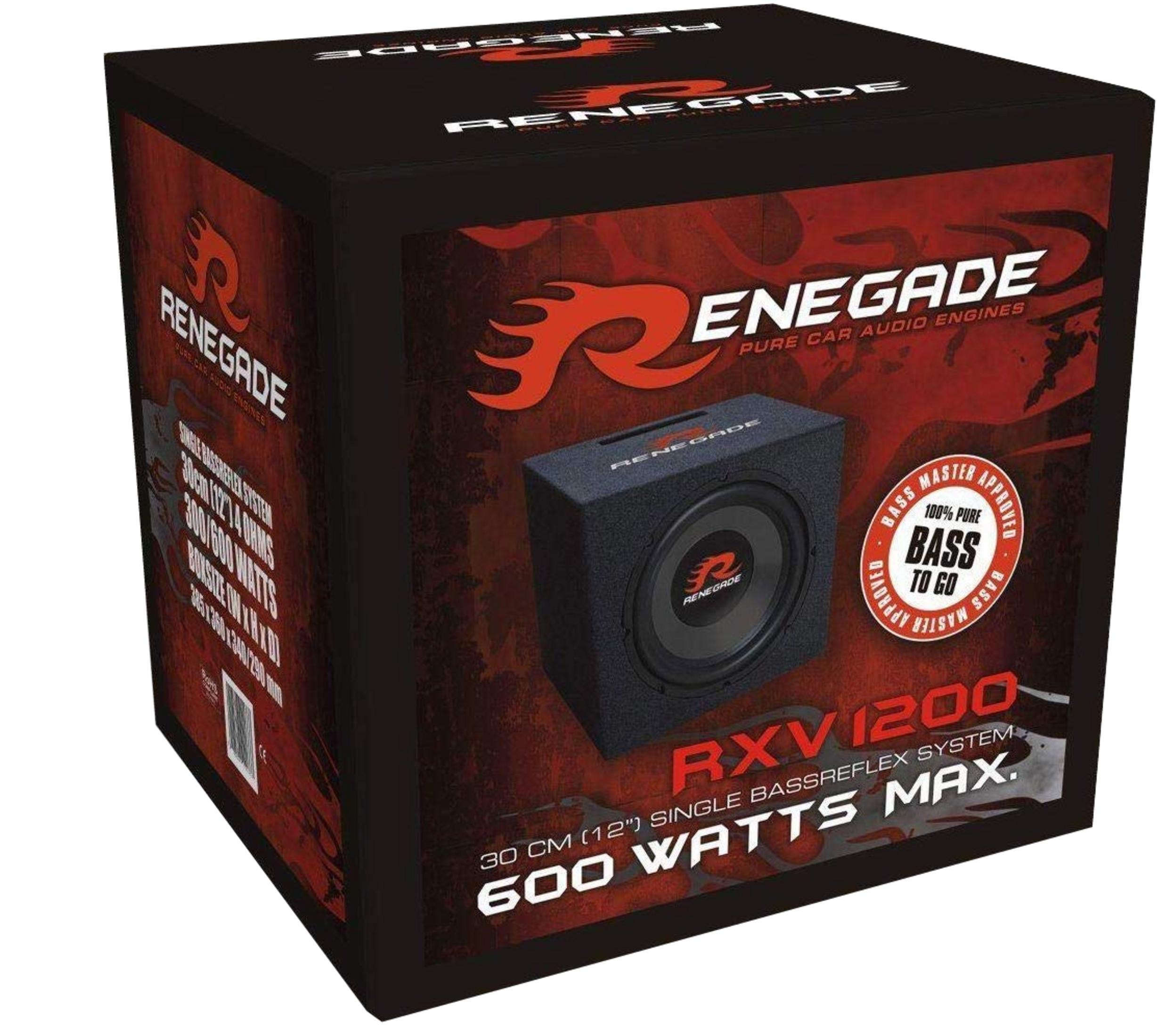 Schwarze Produktverpackung eines Renegade RXV1200 Subwoofers mit rotem Flammen-Design und technischen Daten.