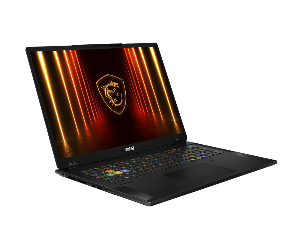 Un computer portatile da gioco MSI nero con tastiera retroilluminata colorata e logo del drago dorato sullo schermo.