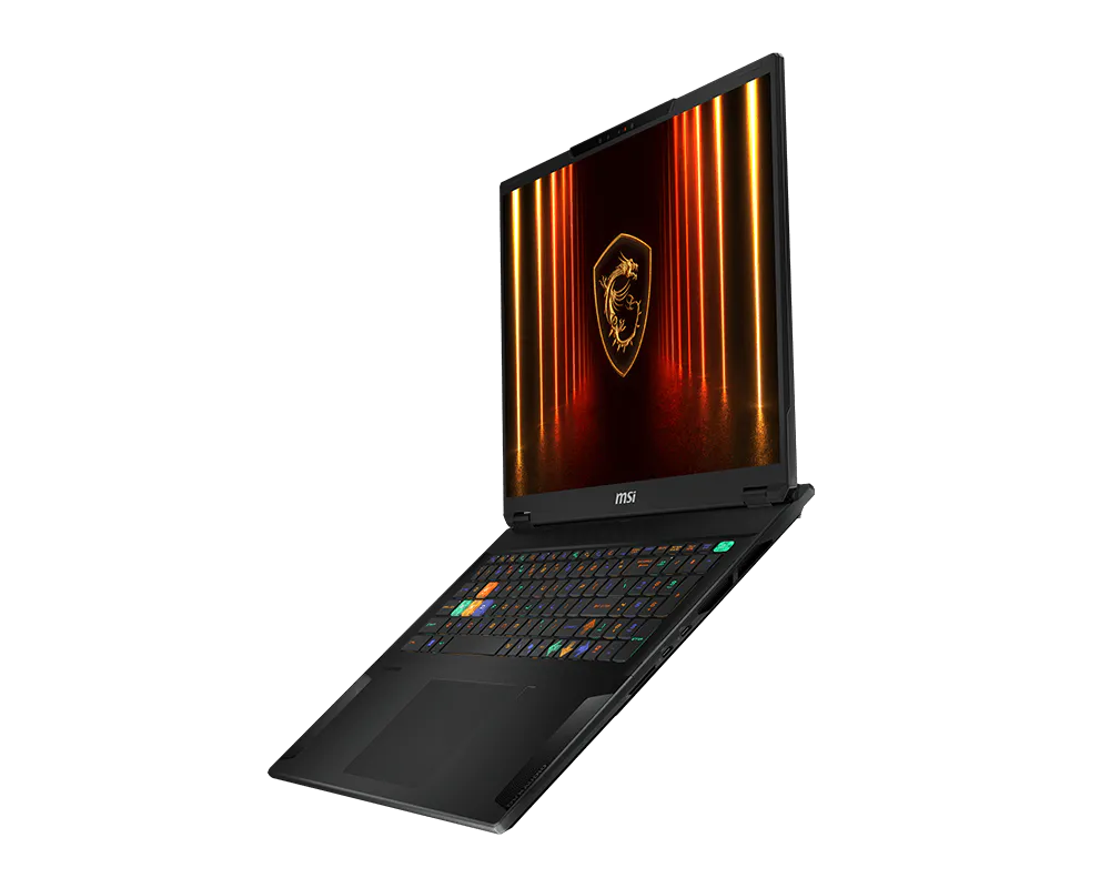 Laptop da gioco MSI nero con tastiera RGB e logo del drago dorato sullo schermo.