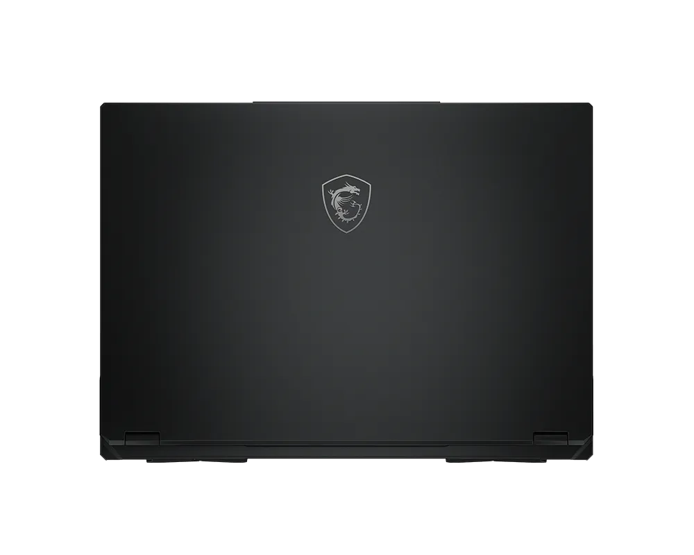 Laptop nero chiuso con logo del drago argento sul coperchio.
