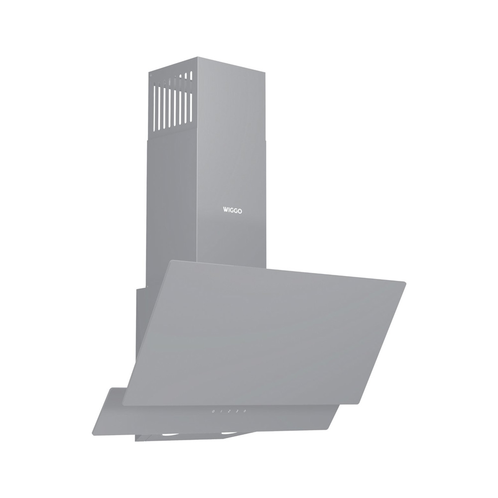Modern grey Wiggo cooker hood with a glass front against a white background.