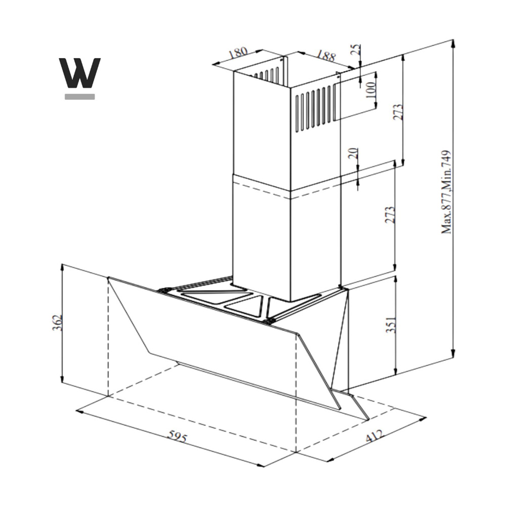 Technical drawing of a kitchen extractor hood with dimensions in millimeters.