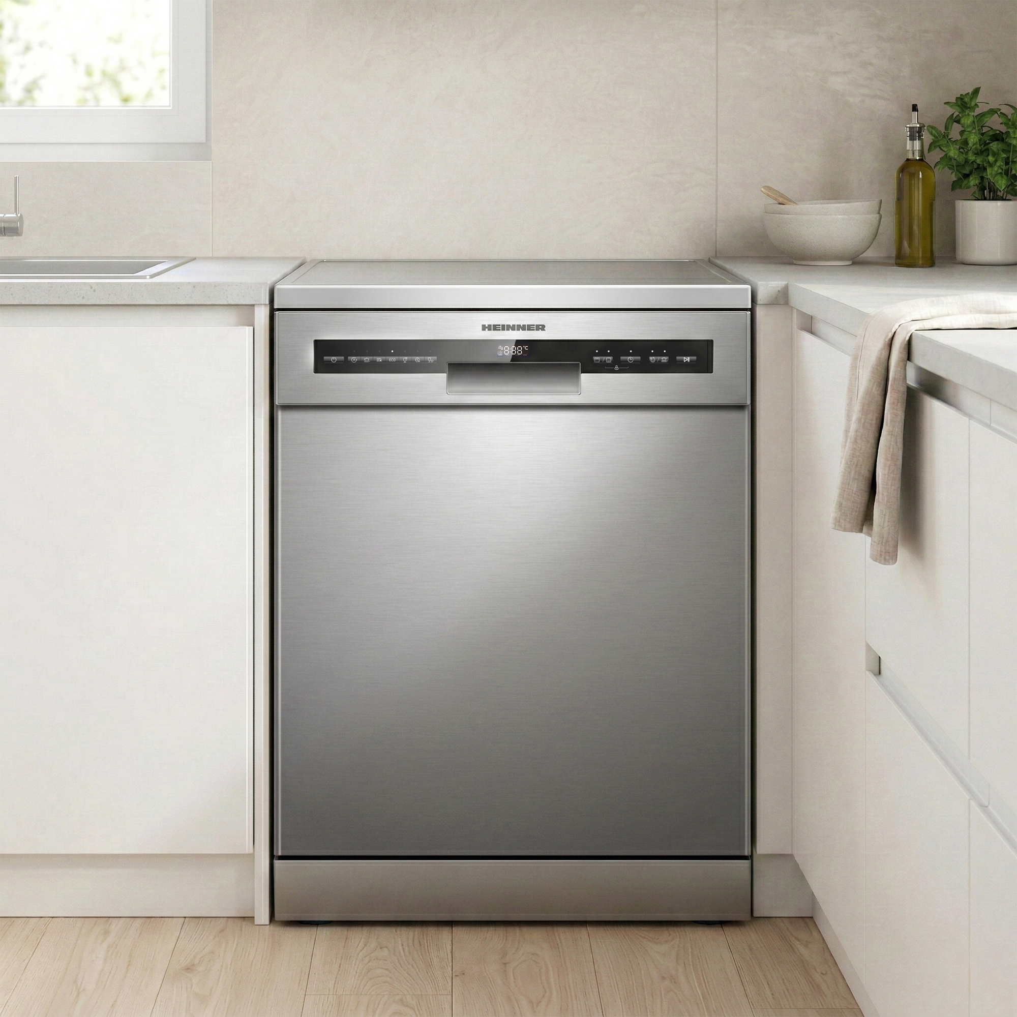 Een moderne roestvrijstalen vaatwasser in een schone, helderwitte keuken met houten vloer.