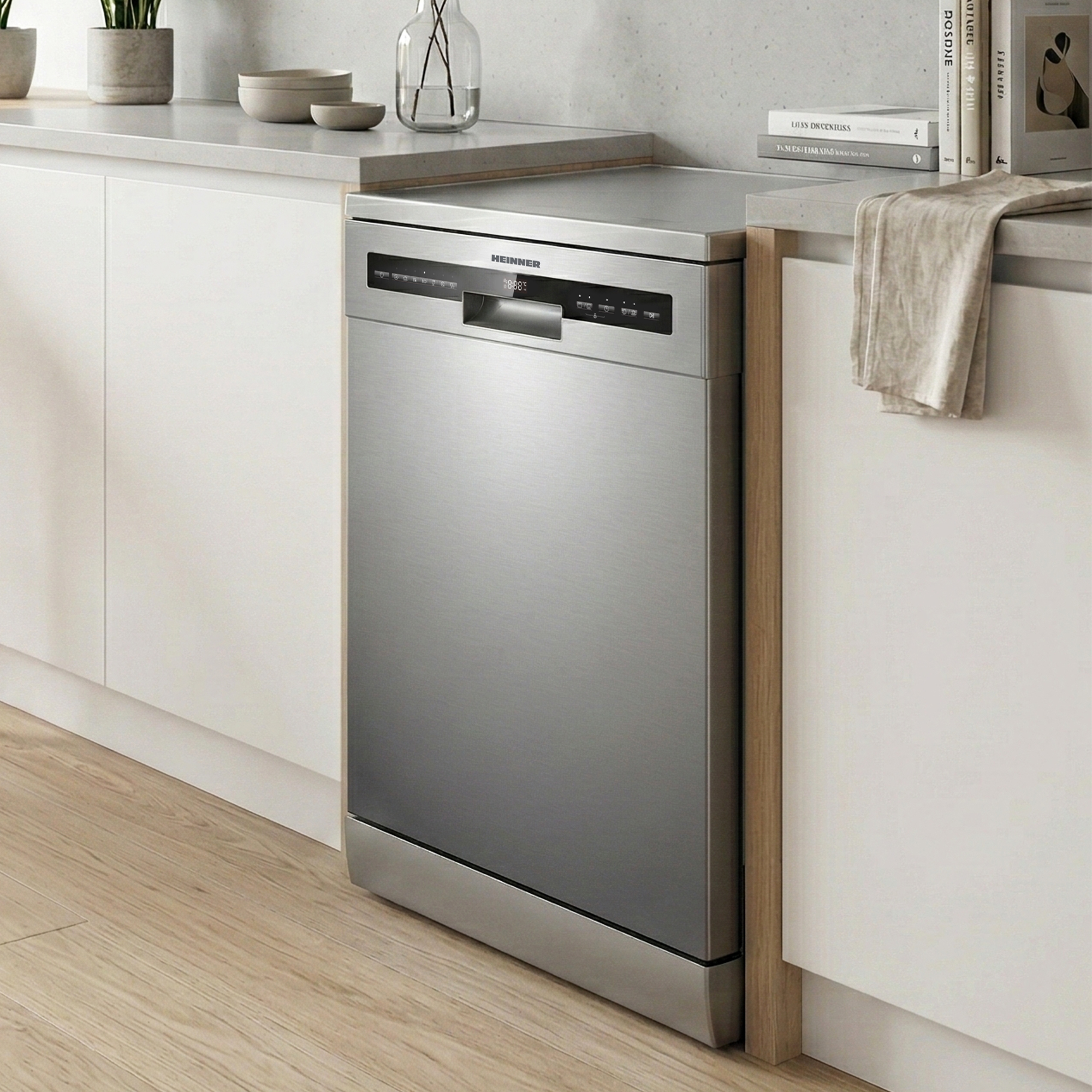 Een zilveren vaatwasser staat in een moderne keuken tussen witte kasten.