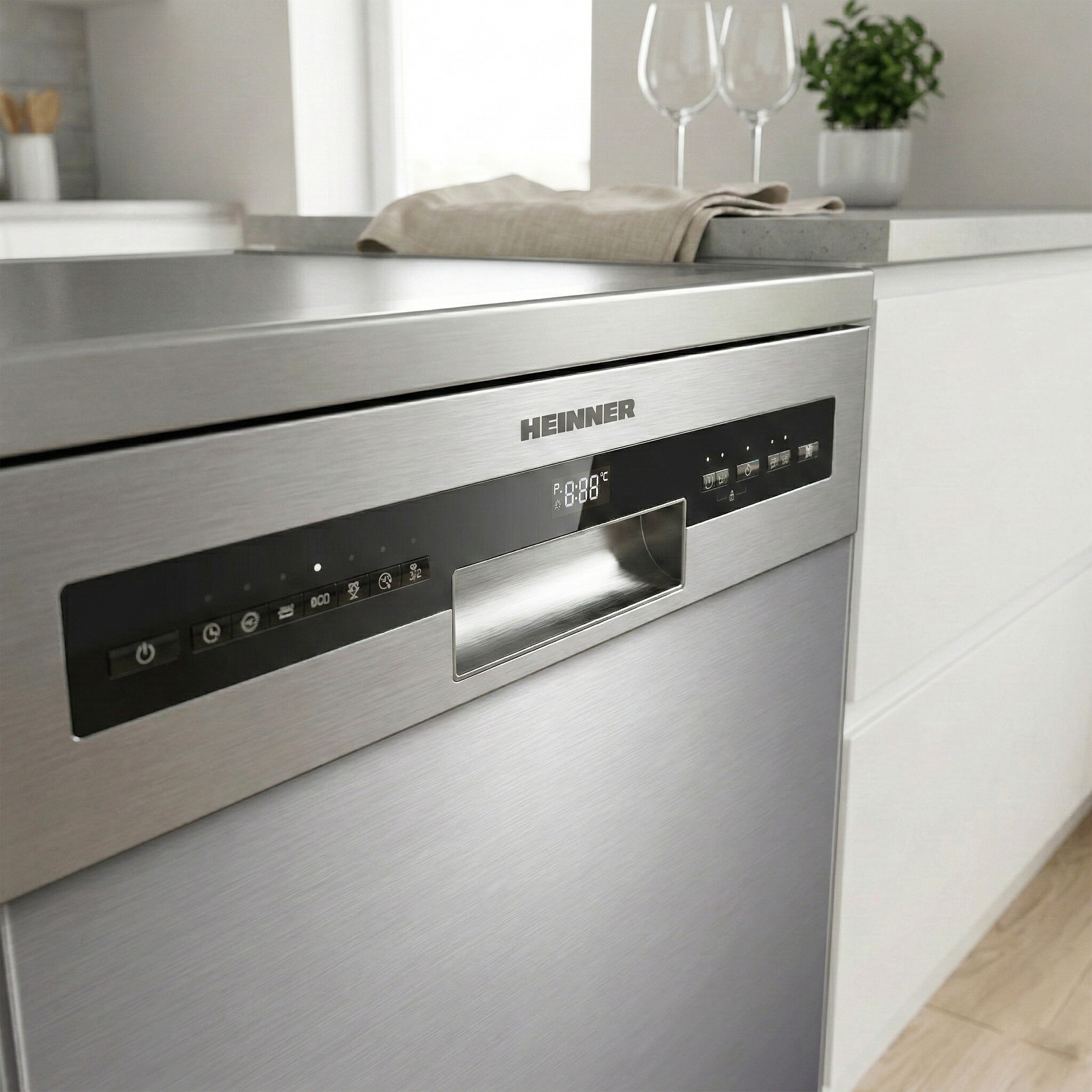 Roestvrijstalen Heinner vaatwasser met digitaal display in een moderne keuken.