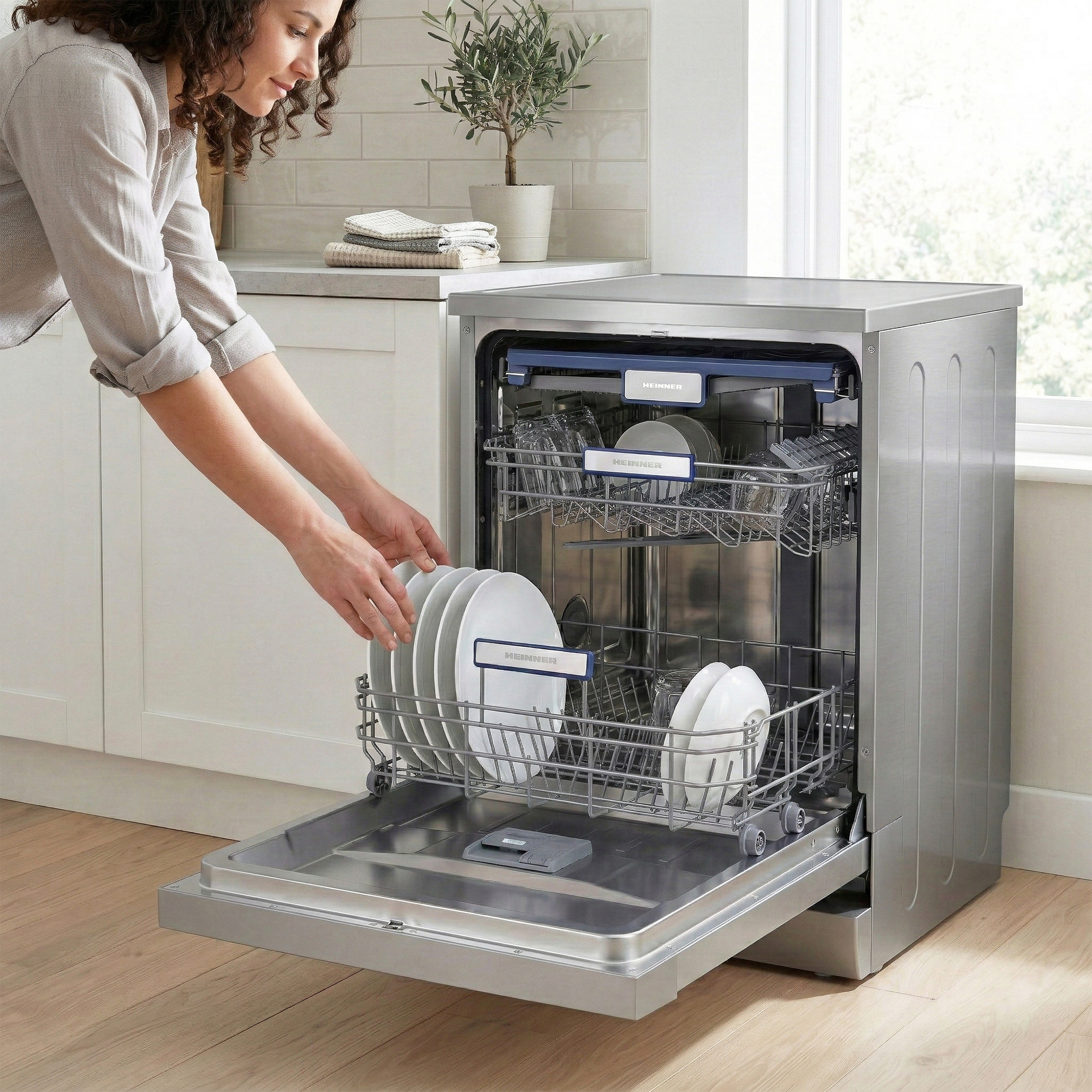 Een vrouw zet borden in het onderste rek van een zilveren vaatwasser in een lichte keuken.