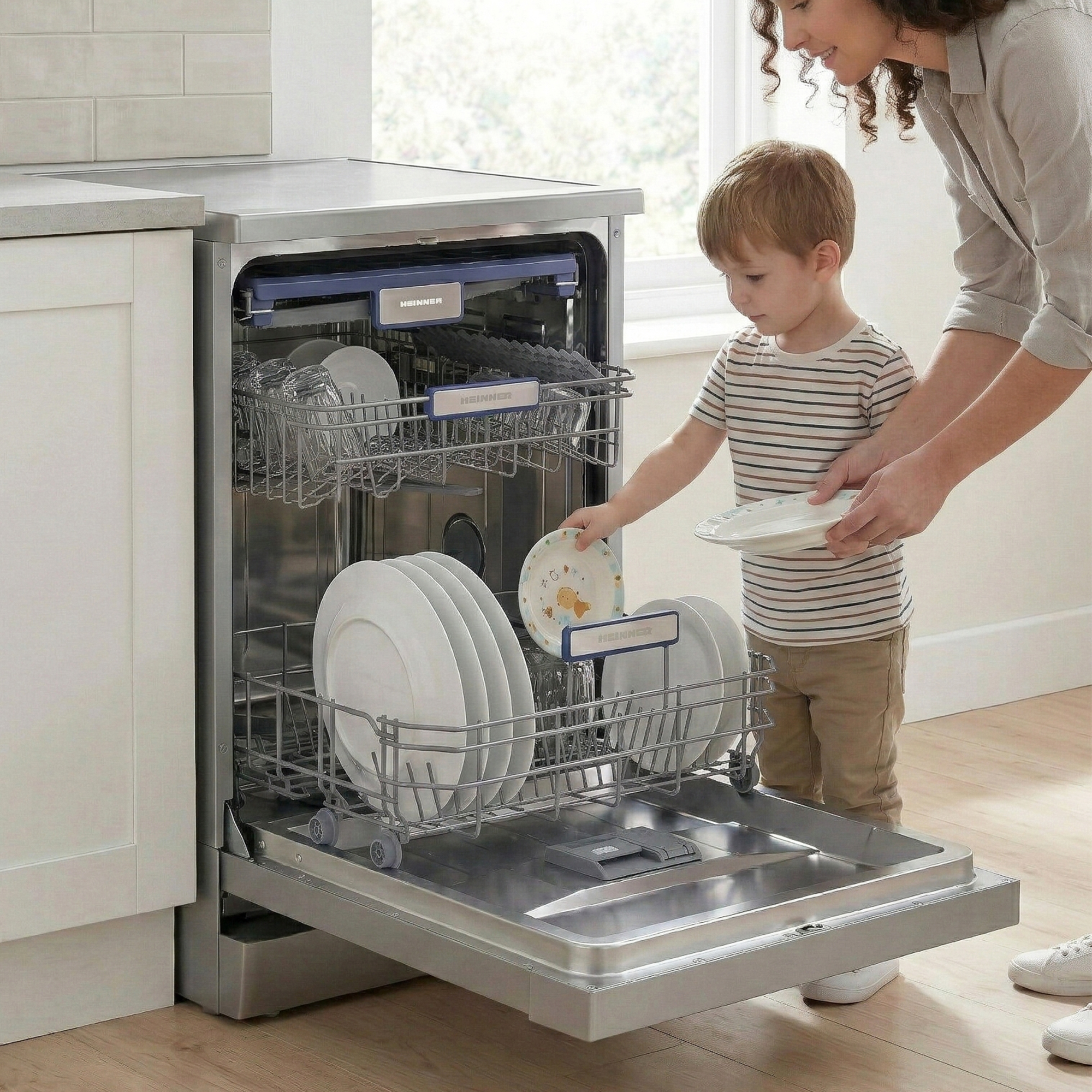 Een moeder en haar jonge zoon ruimen samen de vaatwasser in in een keuken.