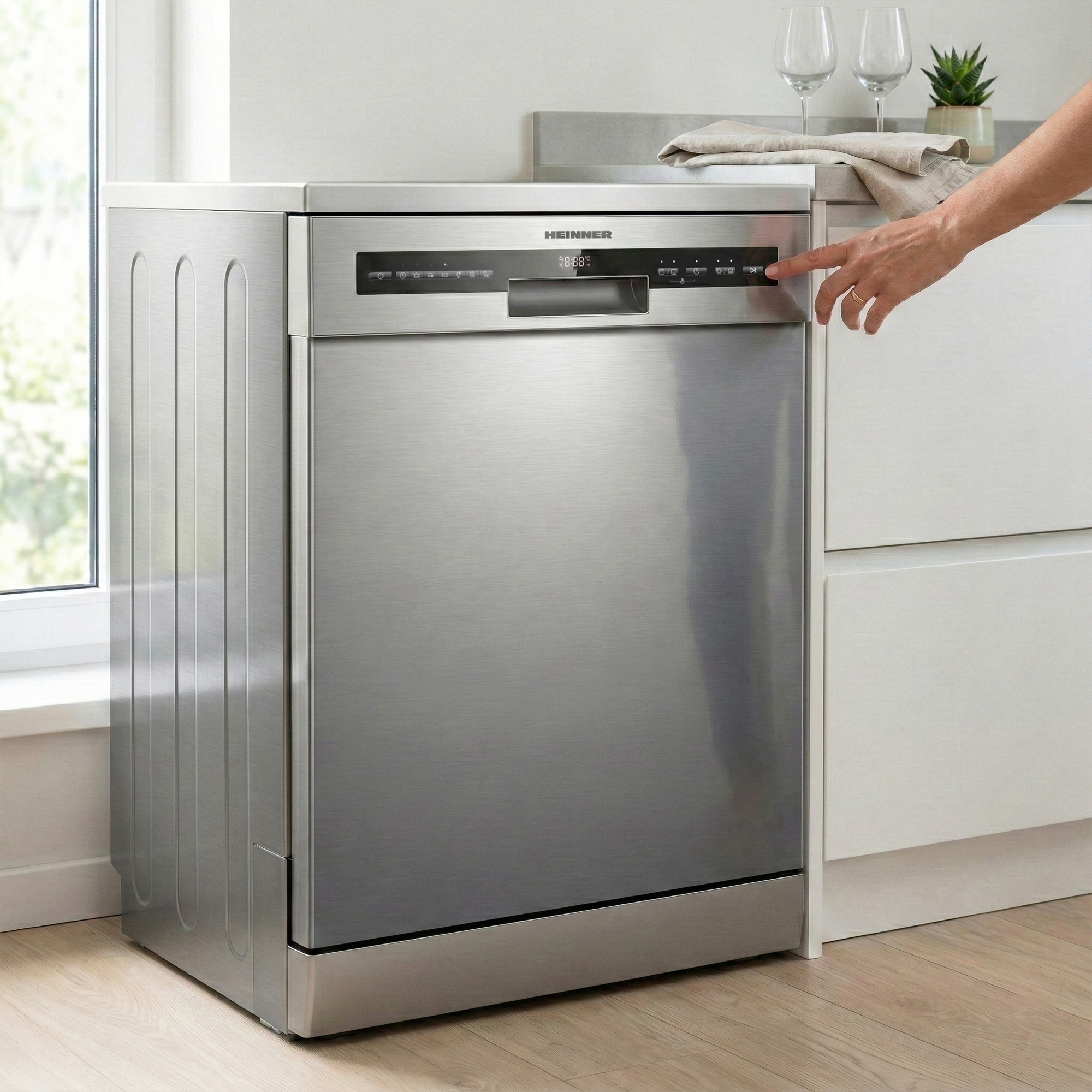 Een hand bedient het touchpaneel van een vrijstaande roestvrijstalen vaatwasser in een lichte keuken.