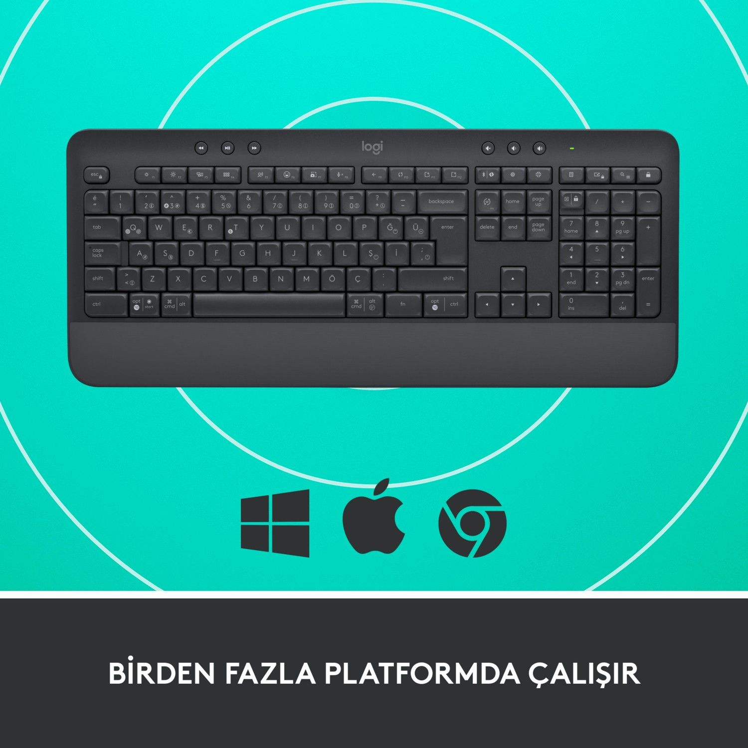 Turkuaz arka planda Windows, Apple ve Chrome logolu siyah kablosuz klavye.
