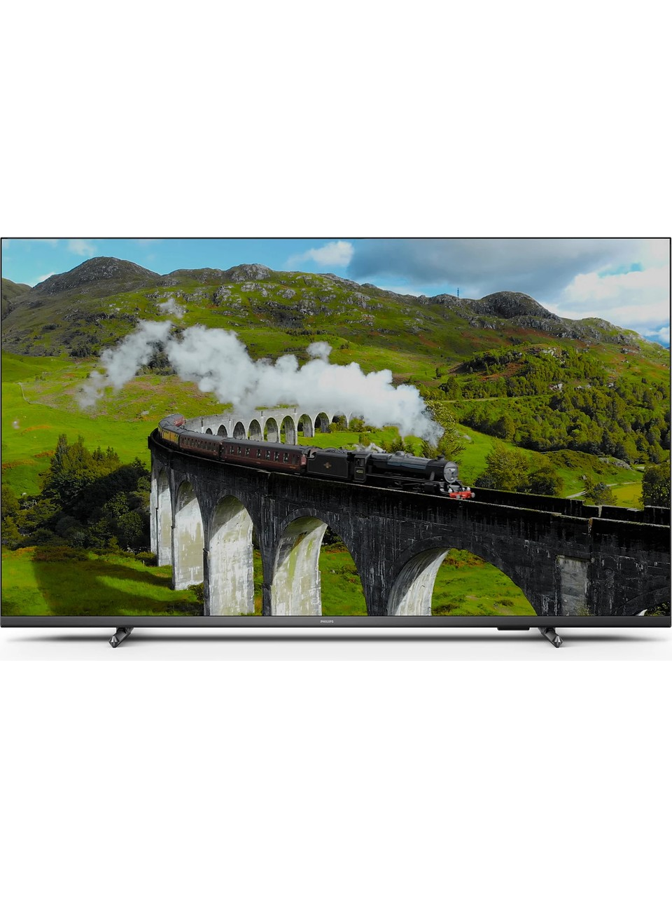 Düz ekran bir TV, yeşil dağ manzarasında taş bir viyadükten geçen buharlı bir treni gösteriyor.