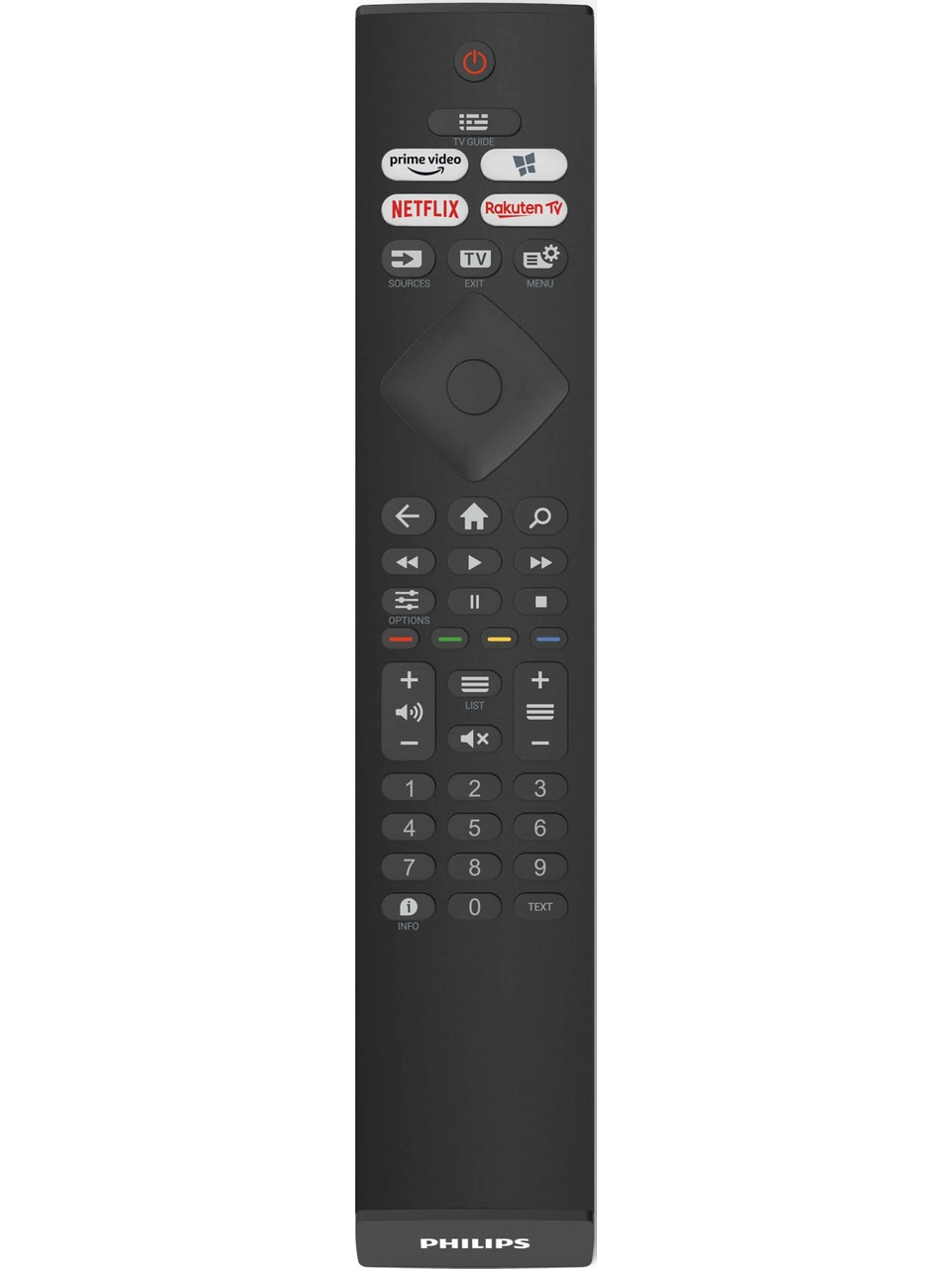 Beyaz arka planda sayı tuşları ve akış düğmeleri olan siyah Philips TV uzaktan kumandası.