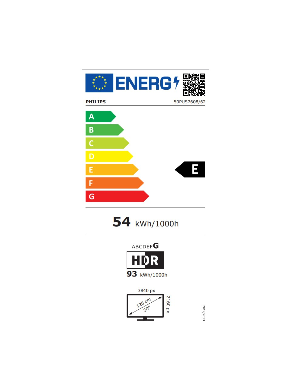 E enerji verimliliği sınıfı ve 54 kWh/1000h gösteren Philips TV için AB enerji etiketi.