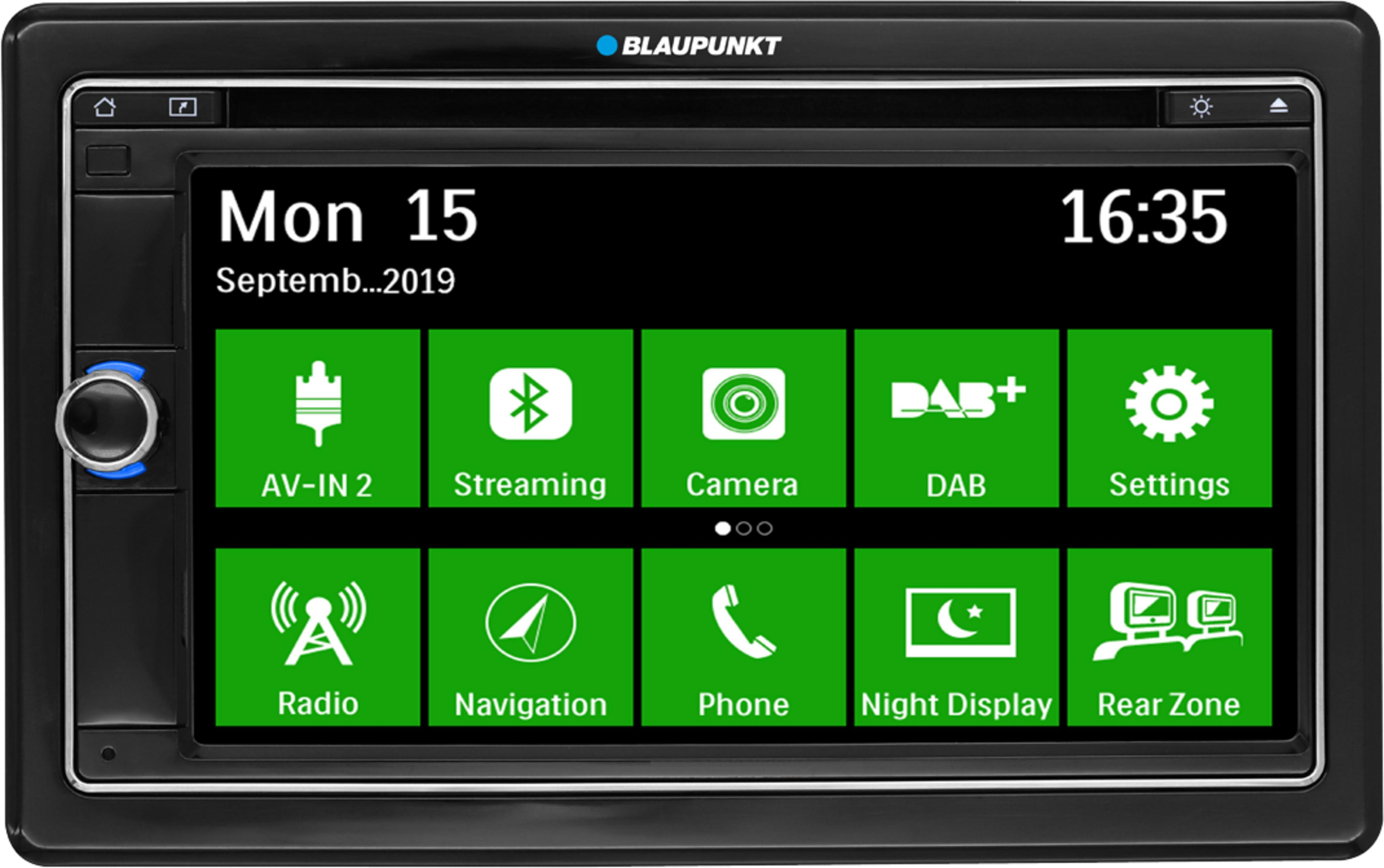 Ein Auto-Navigationsbildschirm von Blaupunkt mit grünen Symbolen für Radio, Navigation und Einstellungen.