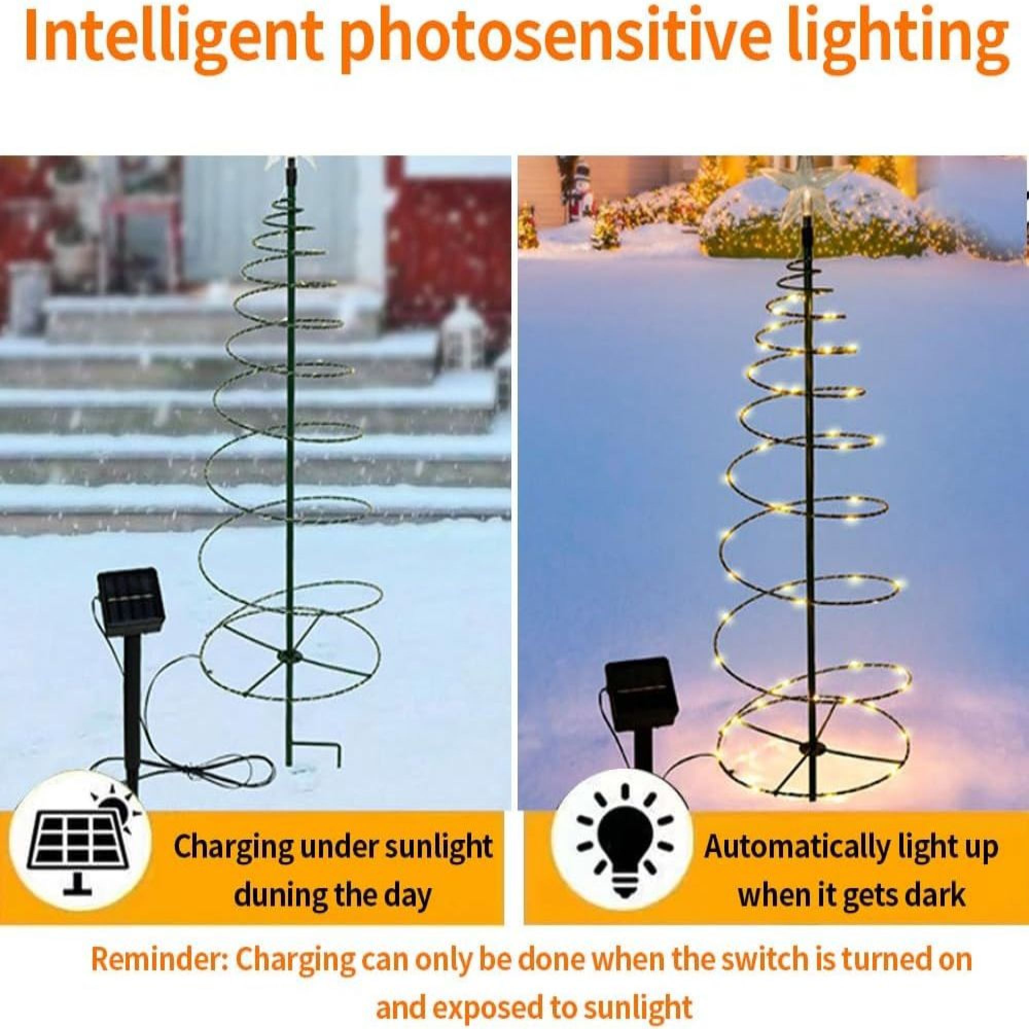 Solarbetriebene Lichterkette in Weihnachtsbaumform lädt tagsüber und leuchtet nachts automatisch.