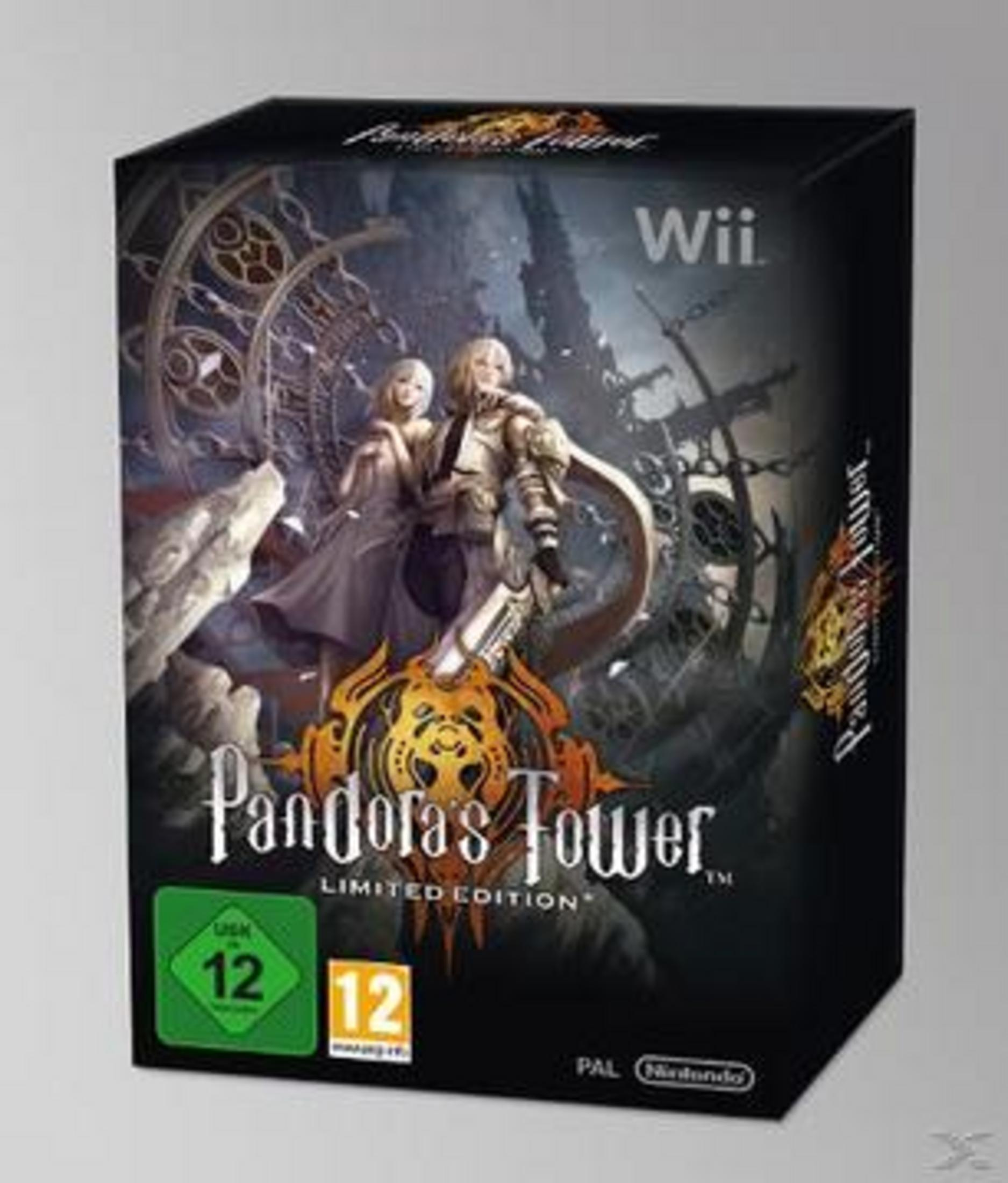 Wii Limited Edition Box von Pandora's Tower mit zwei Figuren vor einer dunklen Turmkulisse.