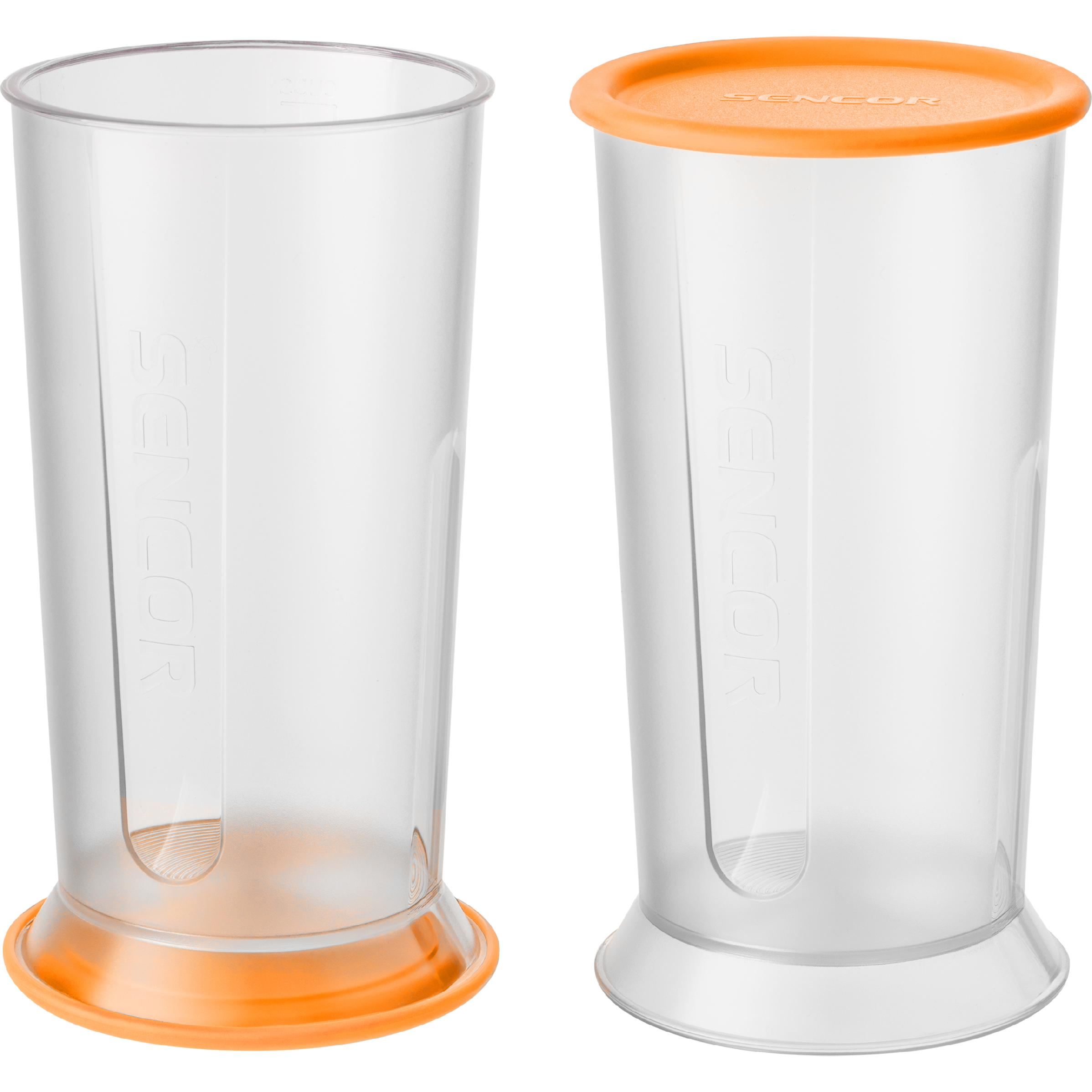 Zwei transparente Sencor-Mixbecher mit orangefarbenen Akzenten auf weißem Hintergrund.