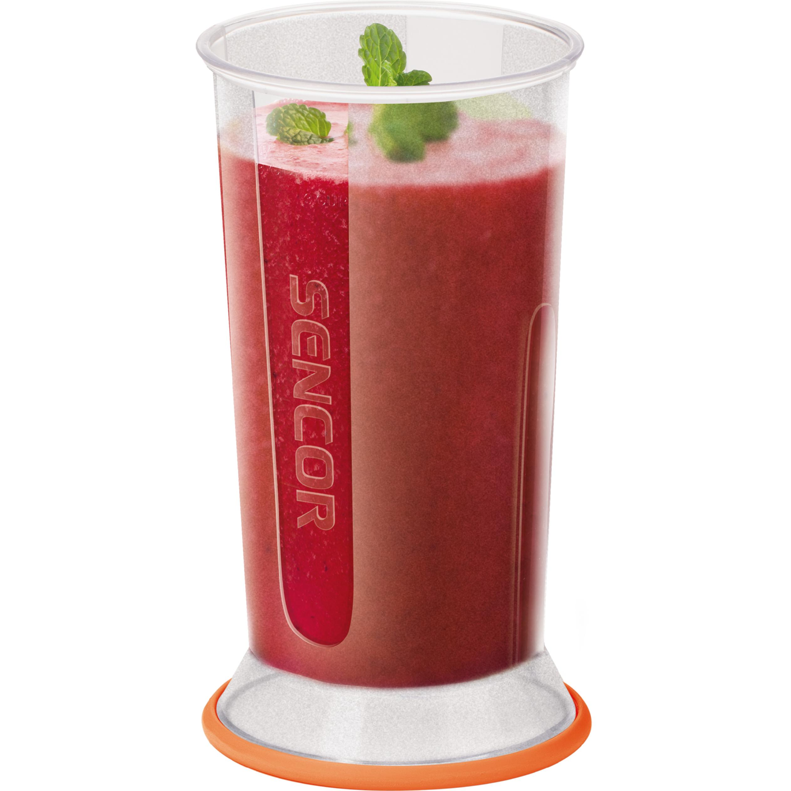 Ein durchsichtiger Sencor-Becher mit rotem Smoothie und Minzblättern auf weißem Hintergrund.