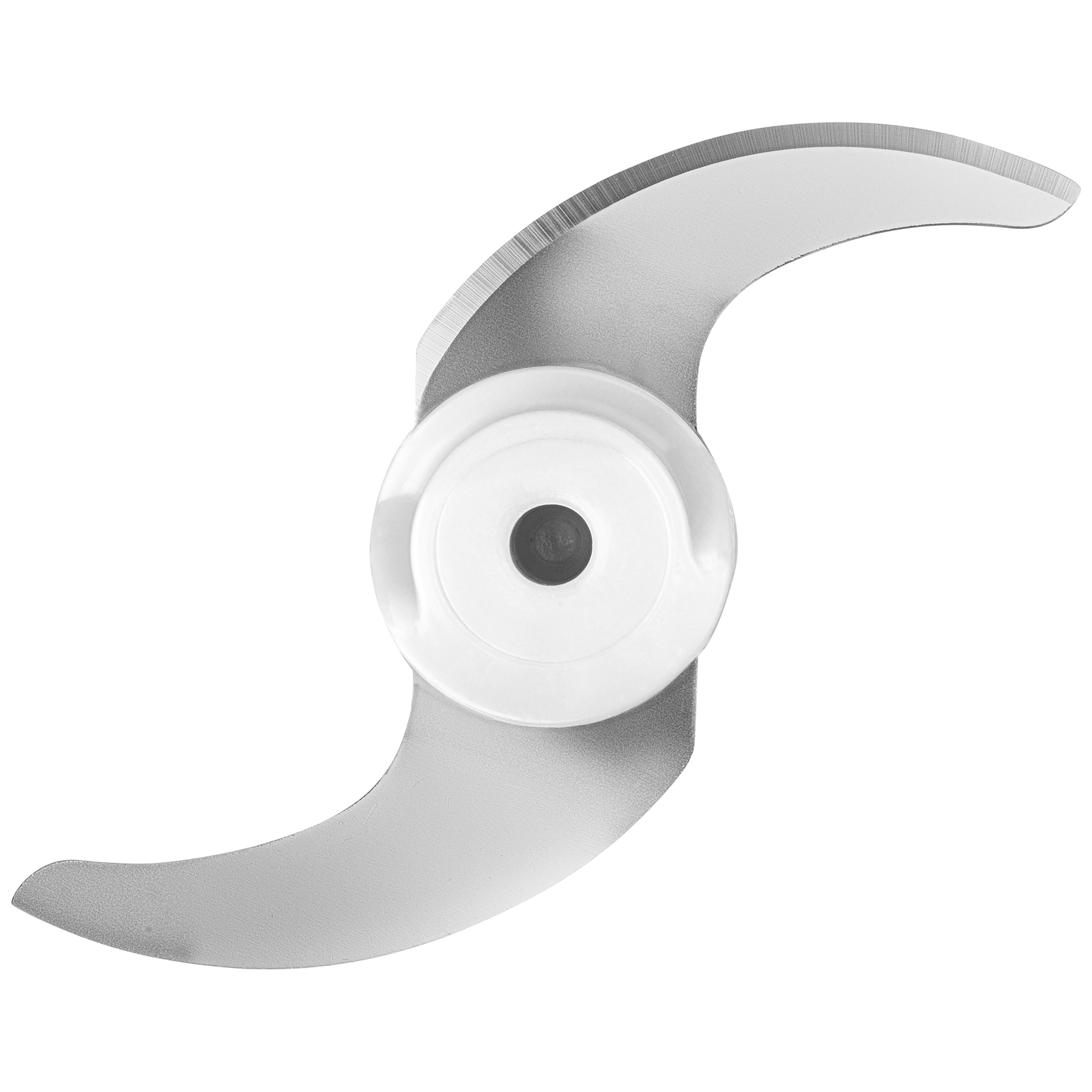 A silver food processor blade with two curved edges and a white central hub on a white background.