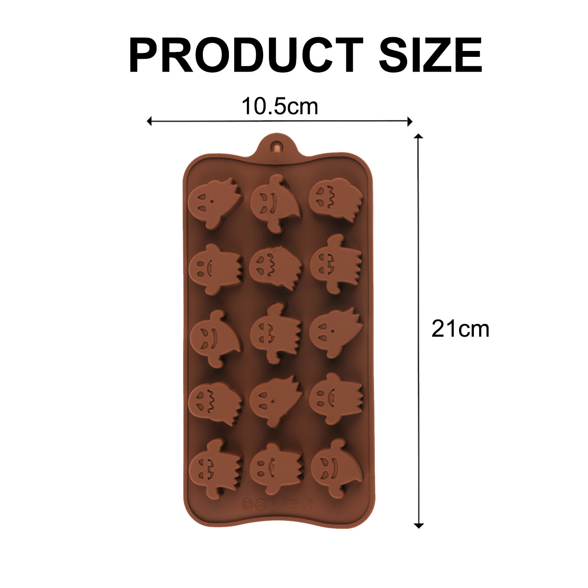 Braune Silikonform mit fünfzehn Geistervertiefungen, 10,5 cm breit und 21 cm hoch.