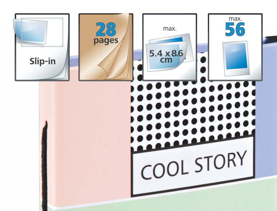 Una copertina colorata mostra "Cool Story" e icone per tasche, 28 pagine, formato foto e capacità.