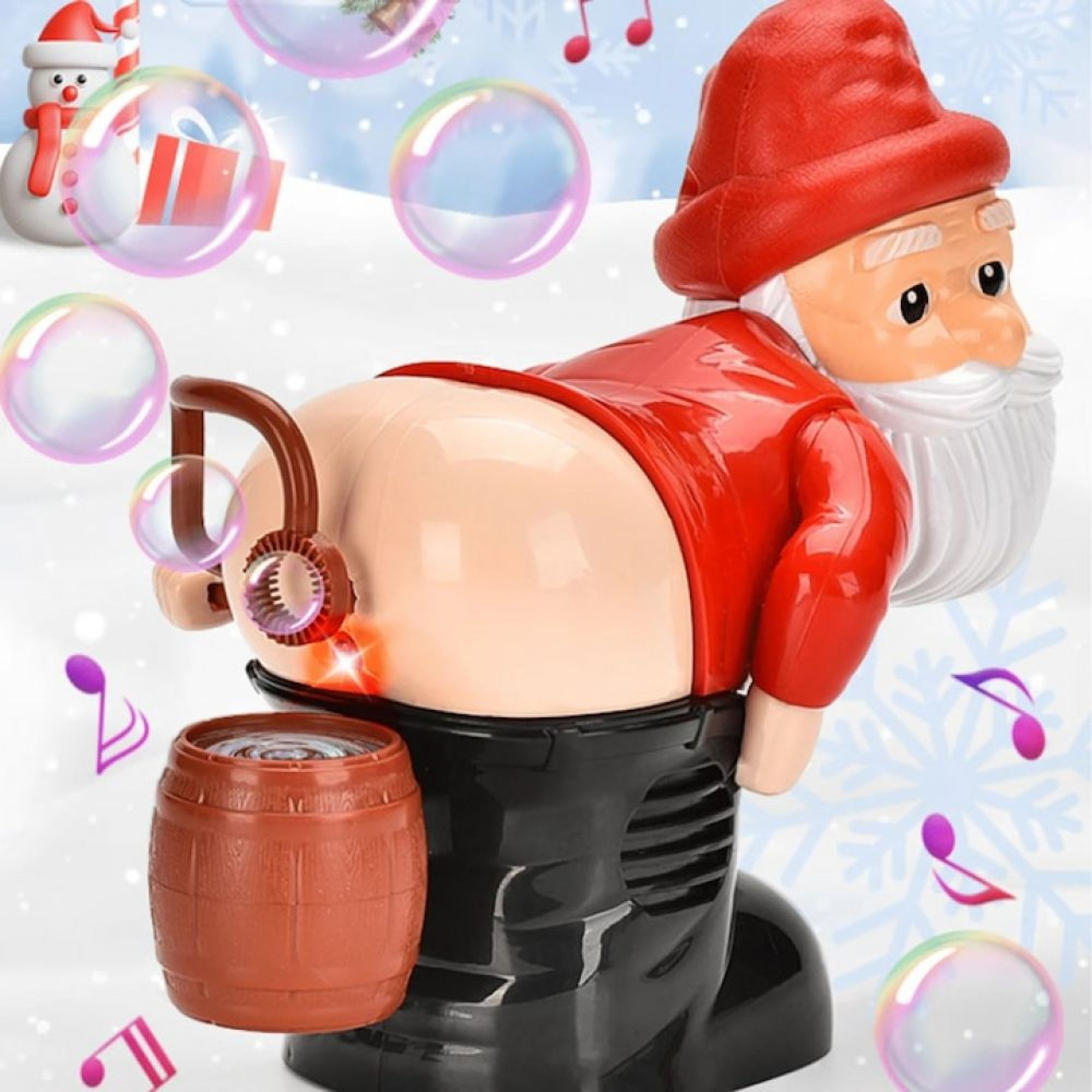 Ein Weihnachtsmann-Spielzeug bläst Seifenblasen von hinten, auf schwarzem Sockel mit Fass im verschneiten Hintergrund.