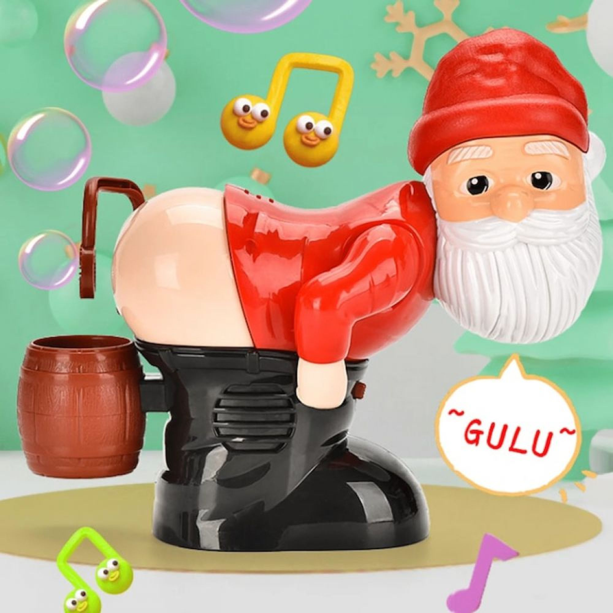 Ein lustiges Weihnachtsmann-Spielzeug mit rotem Hut, das sich bückt, vor einem mintgrünen Hintergrund mit Seifenblasen.
