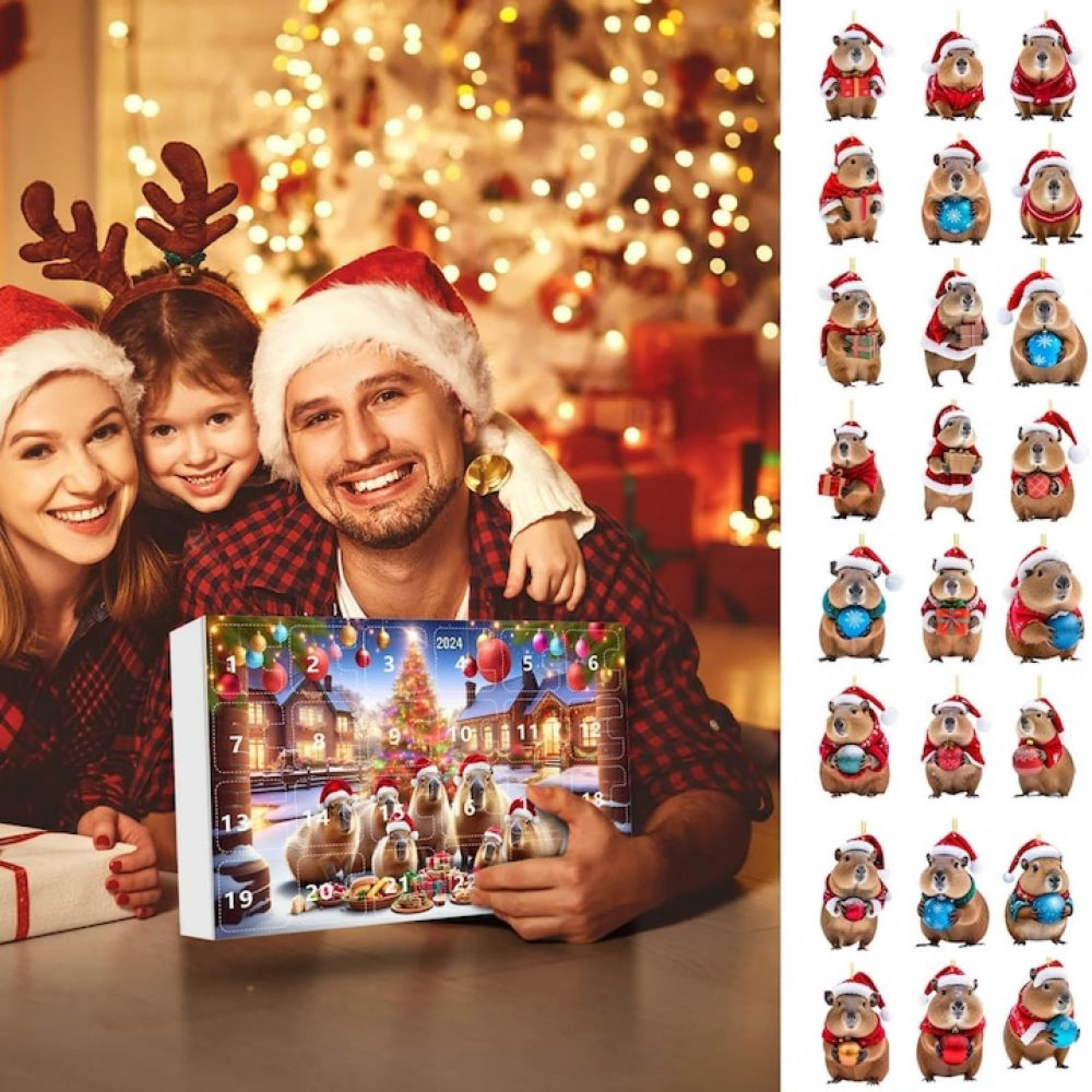 Eine Familie mit Weihnachtsmützen hält einen Adventskalender mit Capybaras, rechts sind Kapaun-Ornamente.