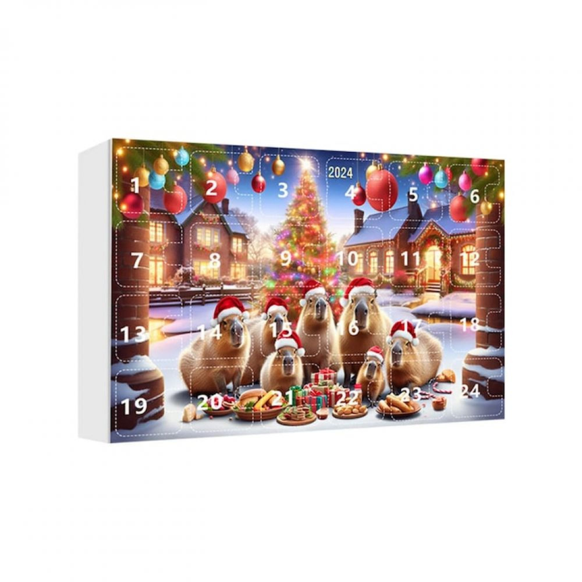 Ein Weihnachtskalender zeigt Kapybaras mit Weihnachtsmützen vor einem verschneiten Dorf und geschmücktem Baum.