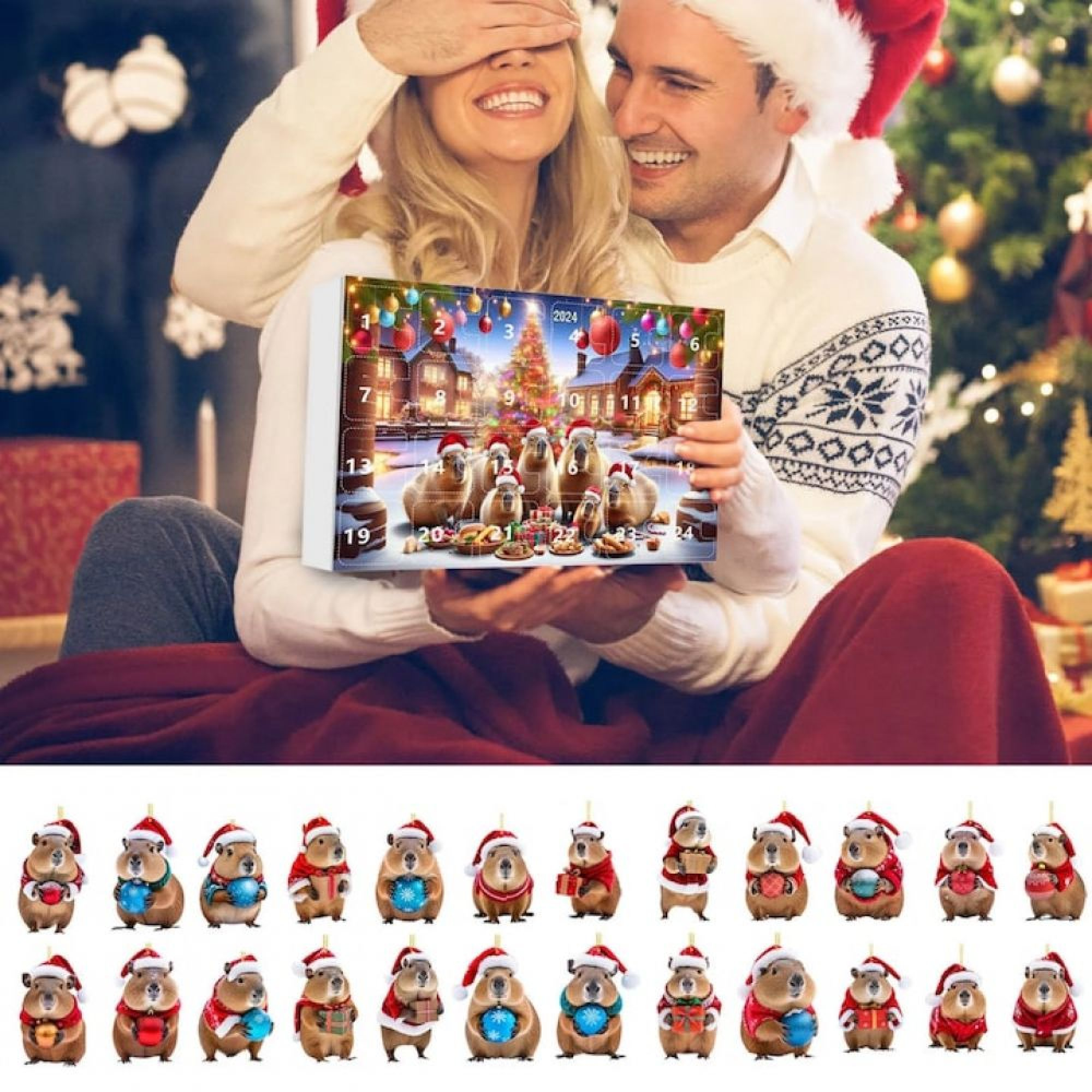 Ein lächelndes Paar mit Weihnachtsmützen hält einen Kapybara-Adventskalender, unten kleine Kapybara-Figuren.