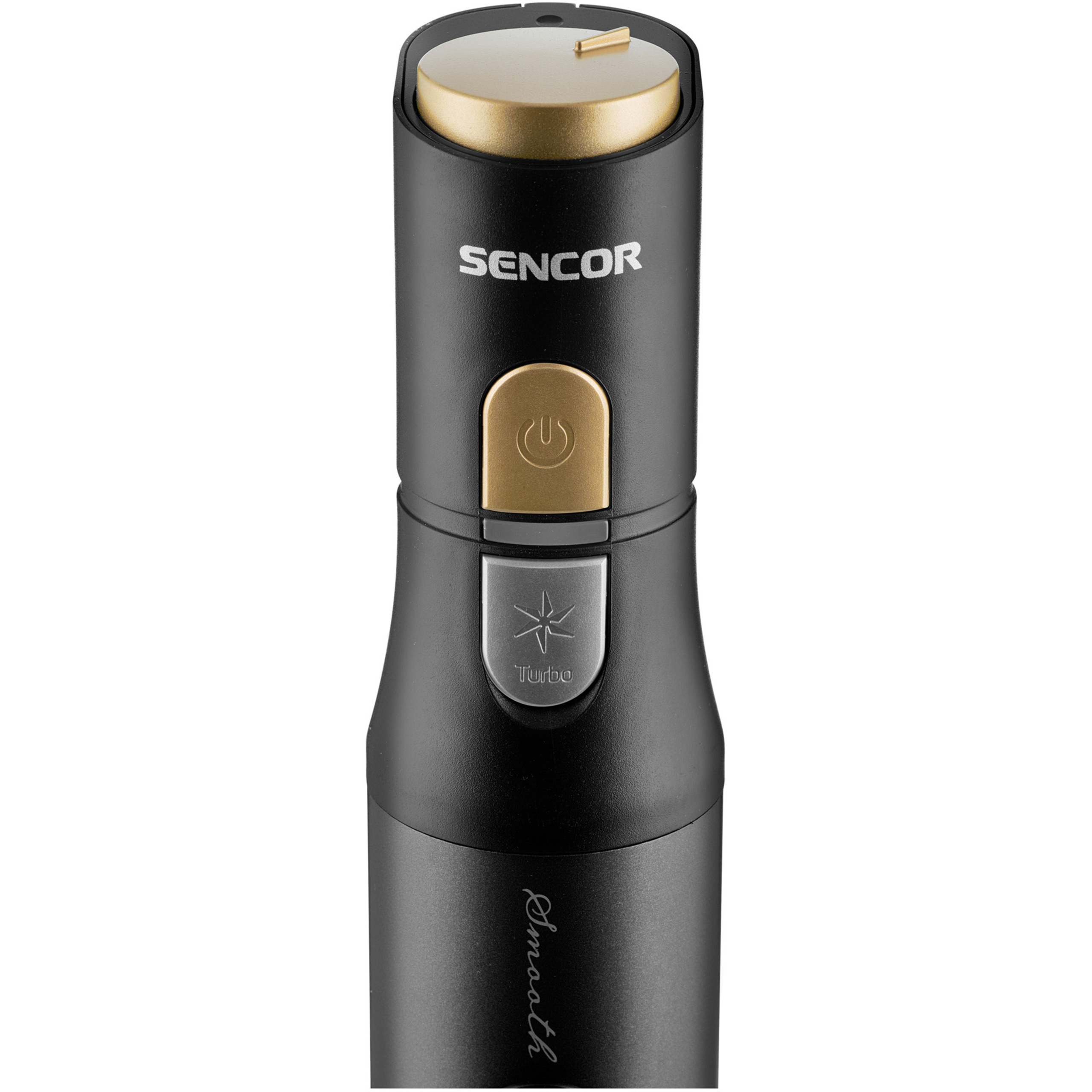 Schwarzer Sencor Handmixer mit goldenem Power-Knopf und silbernem Turbo-Knopf auf weißem Hintergrund.