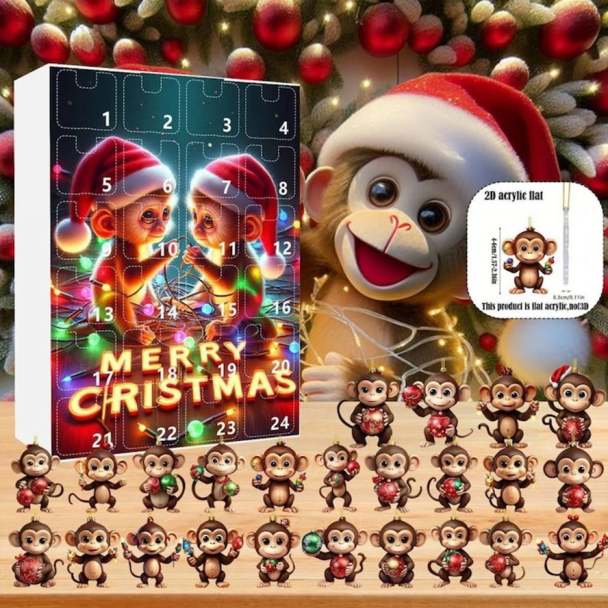 Adventskalender mit Affenmotiven, Weihnachtsmannmützen und kleinen Figuren auf einem Holztisch.