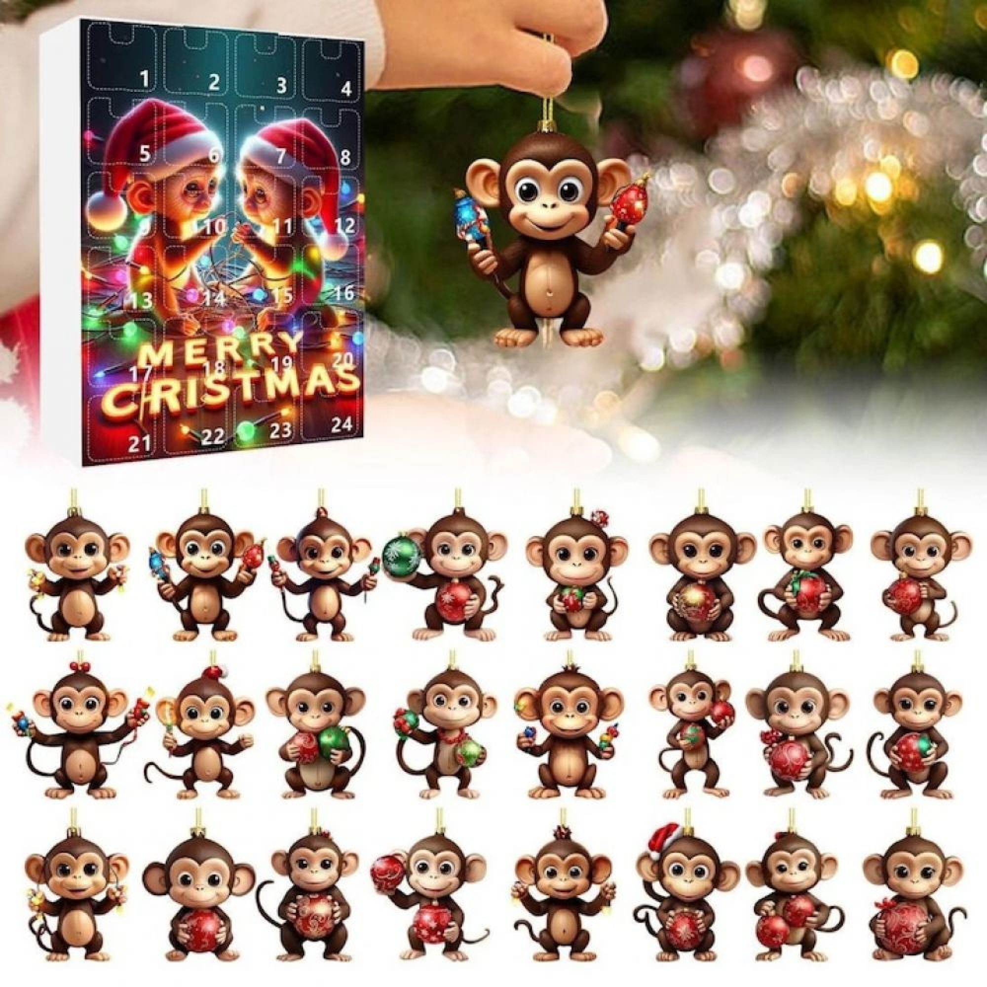 Ein Weihnachtsadventskalender mit 24 Türchen und dazu passenden Affen-Weihnachtsschmuckfiguren.