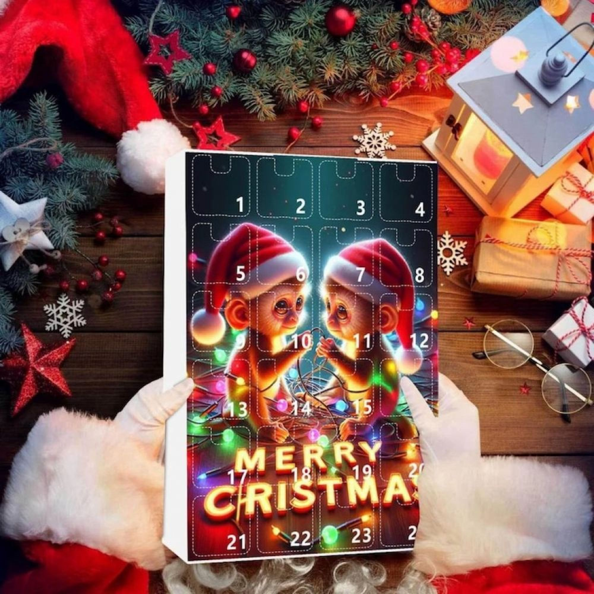 Hände in Weihnachtsmann-Handschuhen halten einen Adventskalender mit zwei Affen in Weihnachtsmützen.