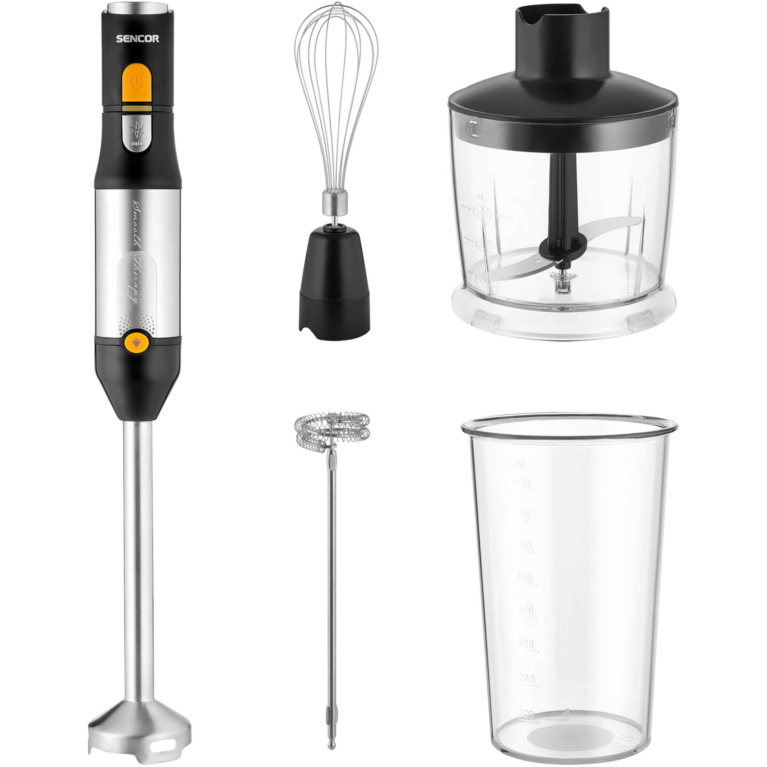 Juego de batidora de mano Sencor con motor, batidor, picadora, espumador y vaso medidor sobre fondo blanco.