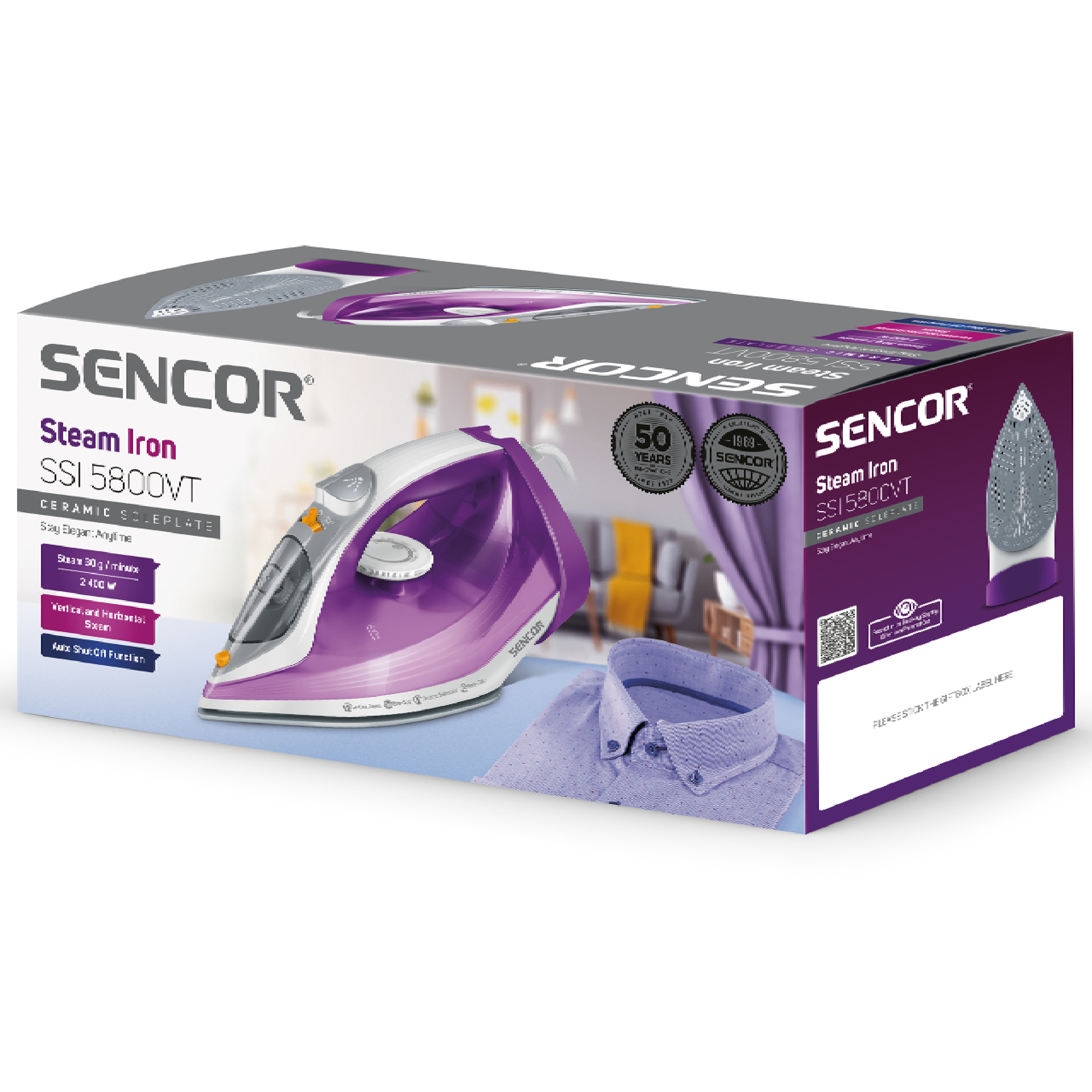 Caja de embalaje para plancha de vapor Sencor SSI 5800VT, morada y blanca, con plancha y camisa.