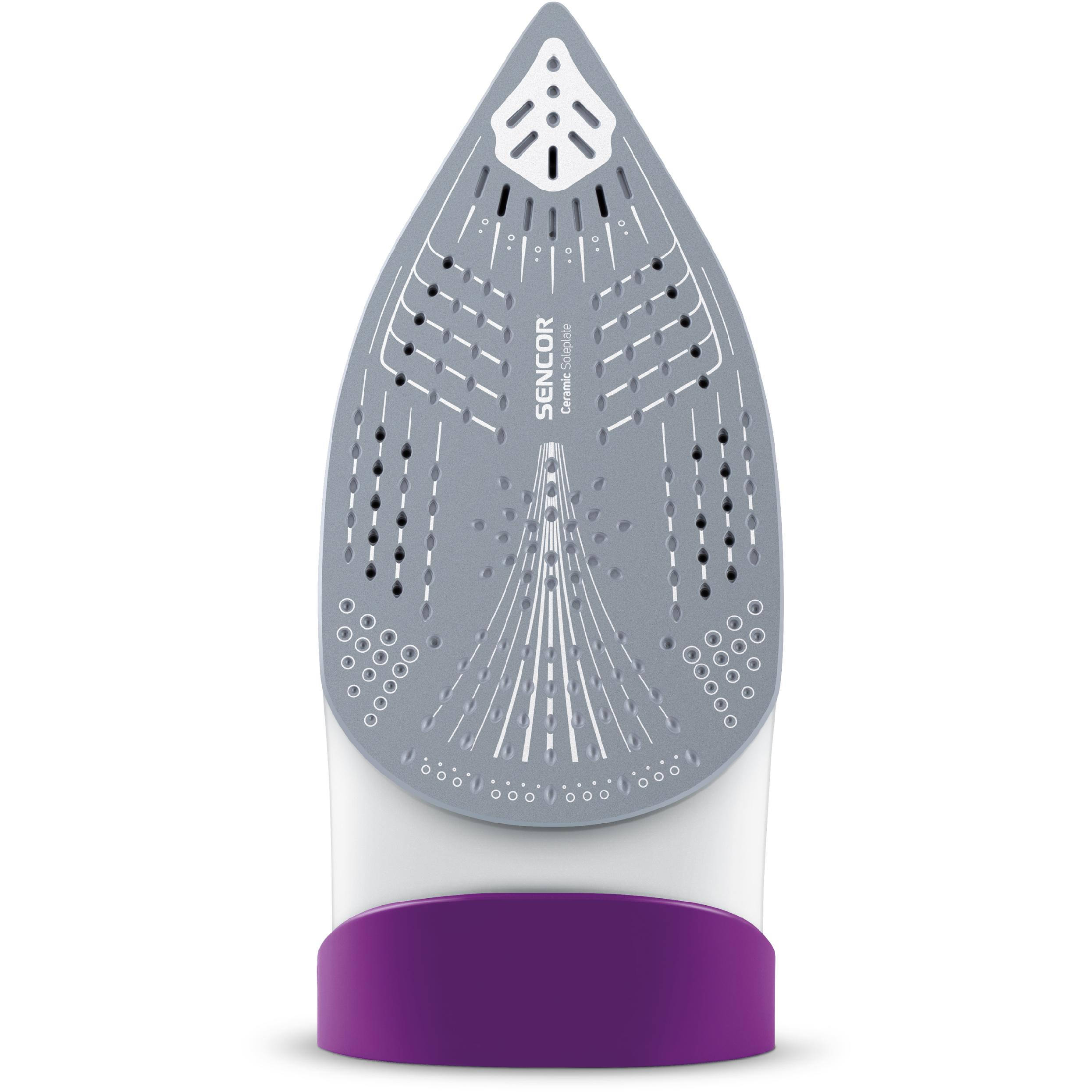 Vista inferior de una plancha Sencor con suela de cerámica gris, múltiples salidas de vapor y base morada.