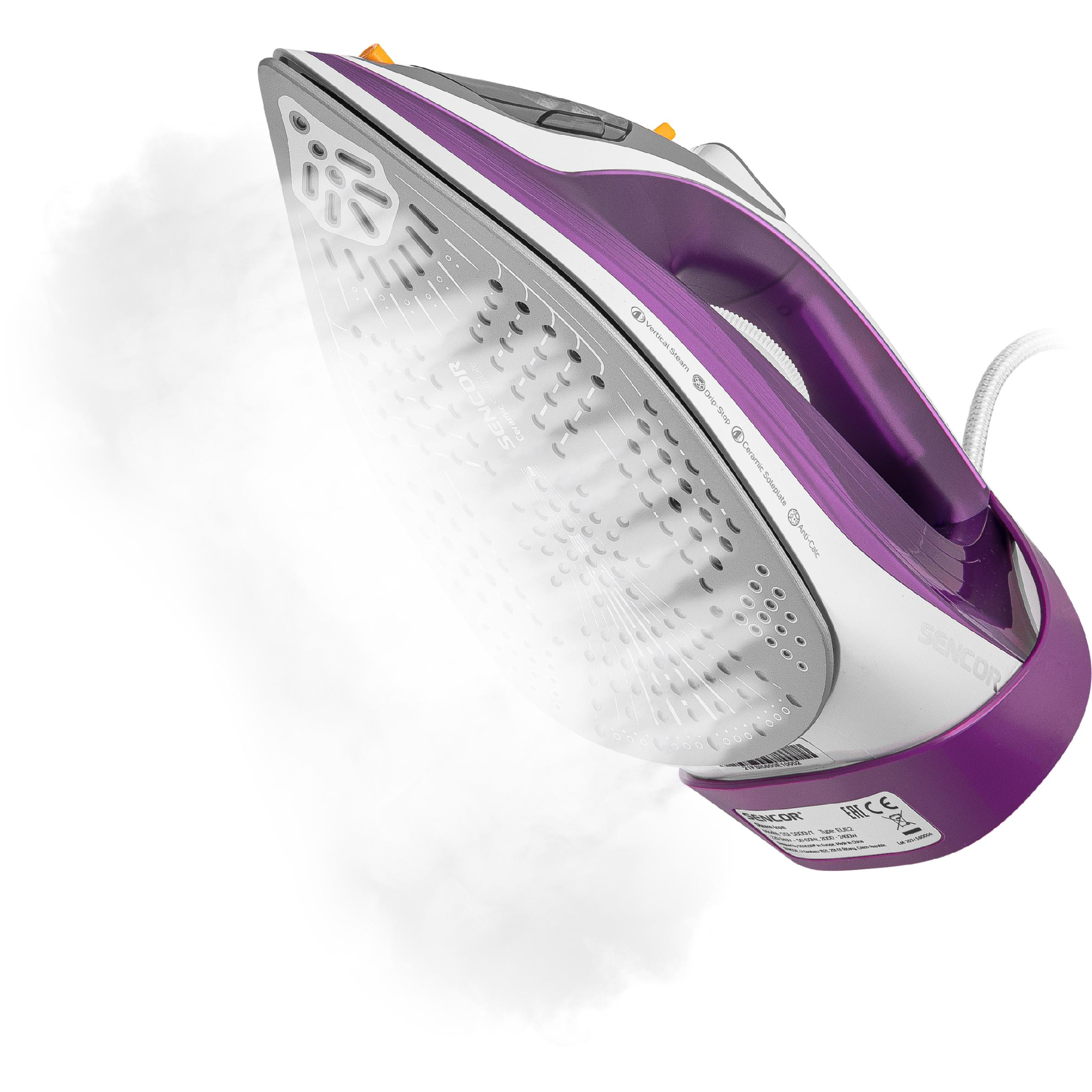 Una plancha de vapor morada moderna emite vapor.