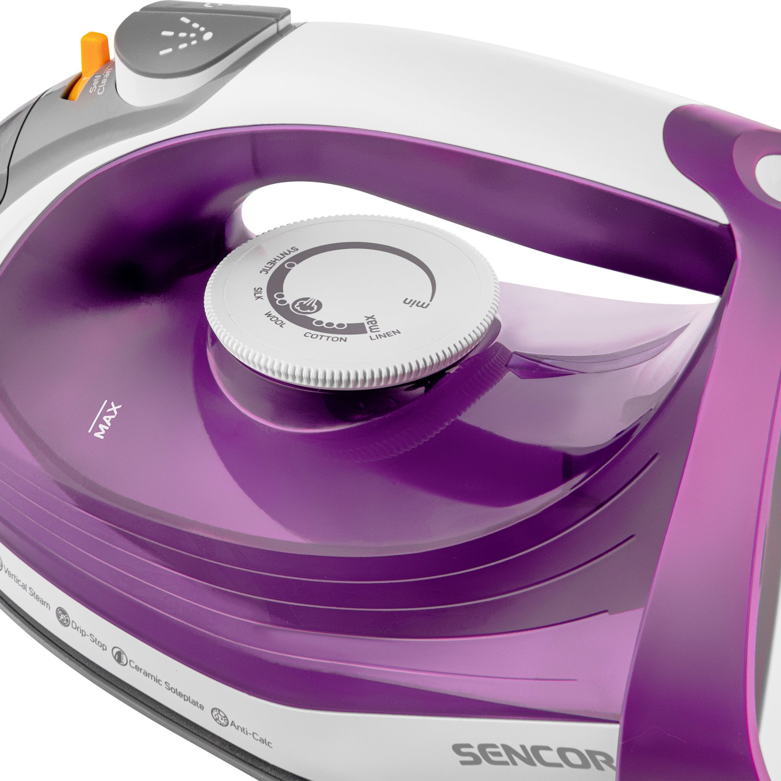Una plancha Sencor blanca y morada con selector de temperatura y etiquetas de vapor sobre fondo blanco.