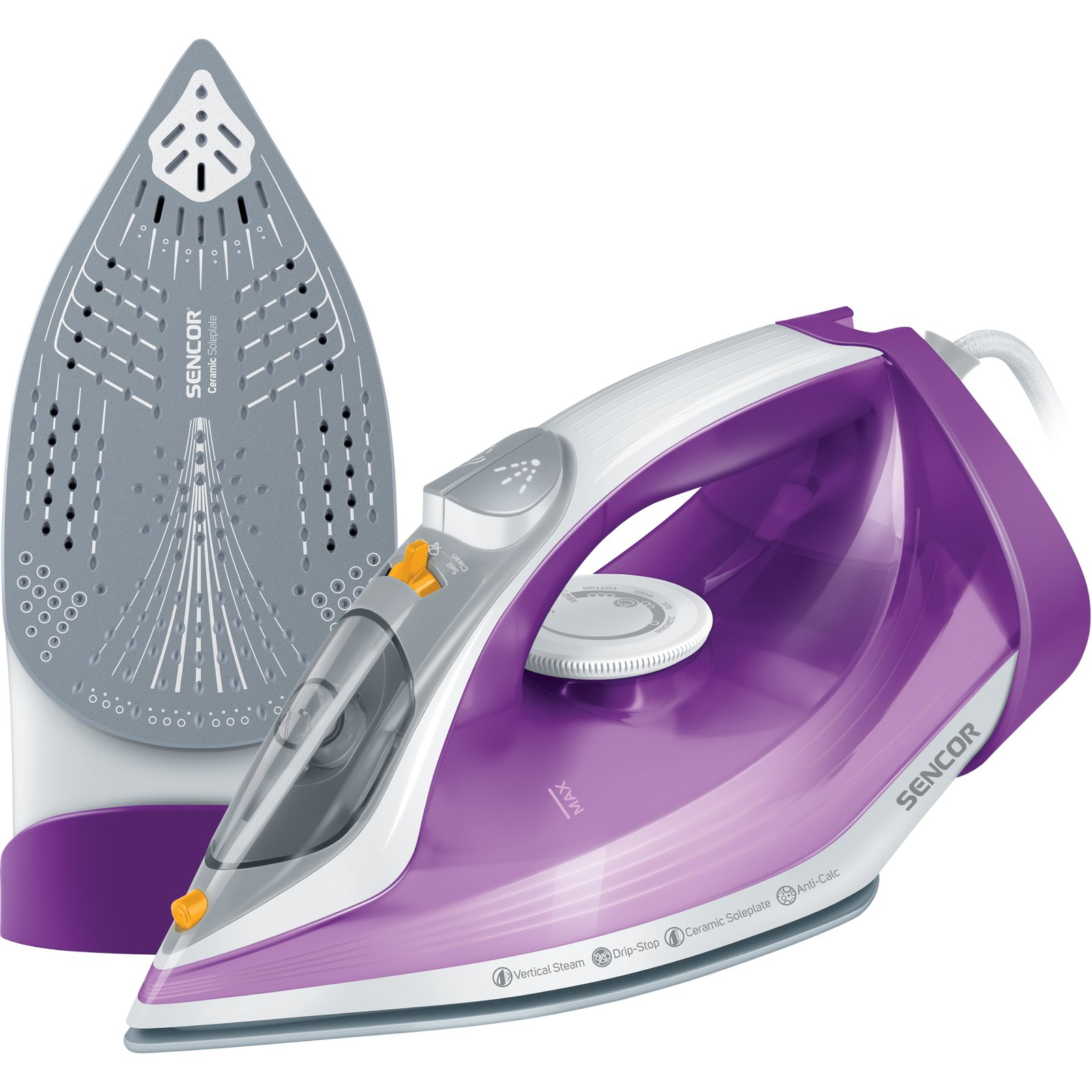 Una plancha de vapor Sencor morada y blanca, con su suela de cerámica mostrada al fondo.