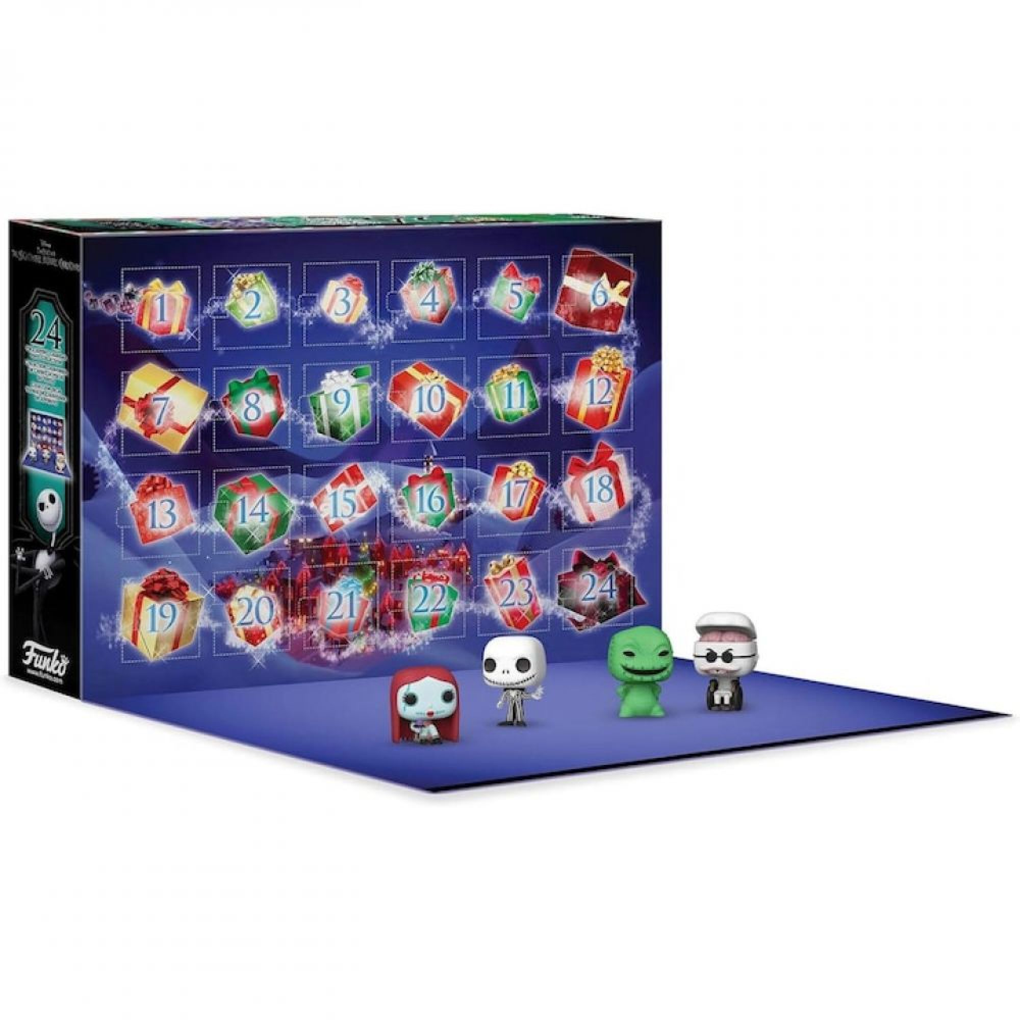 The Nightmare Before Christmas Adventskalender mit 24 nummerierten Türchen und vier kleinen Figuren davor.