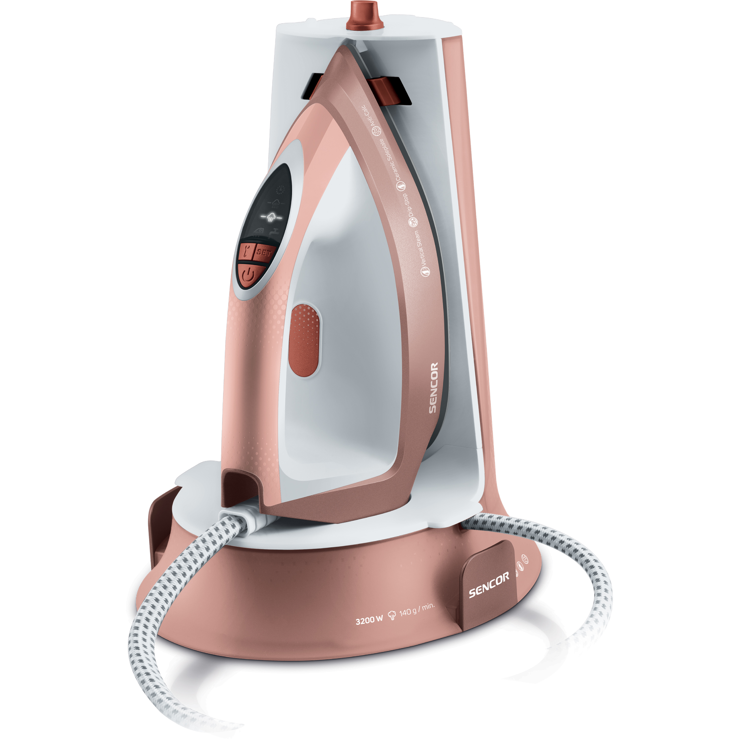 Un moderno ferro da stiro a vapore oro rosa e bianco sulla sua base con cavo intrecciato.