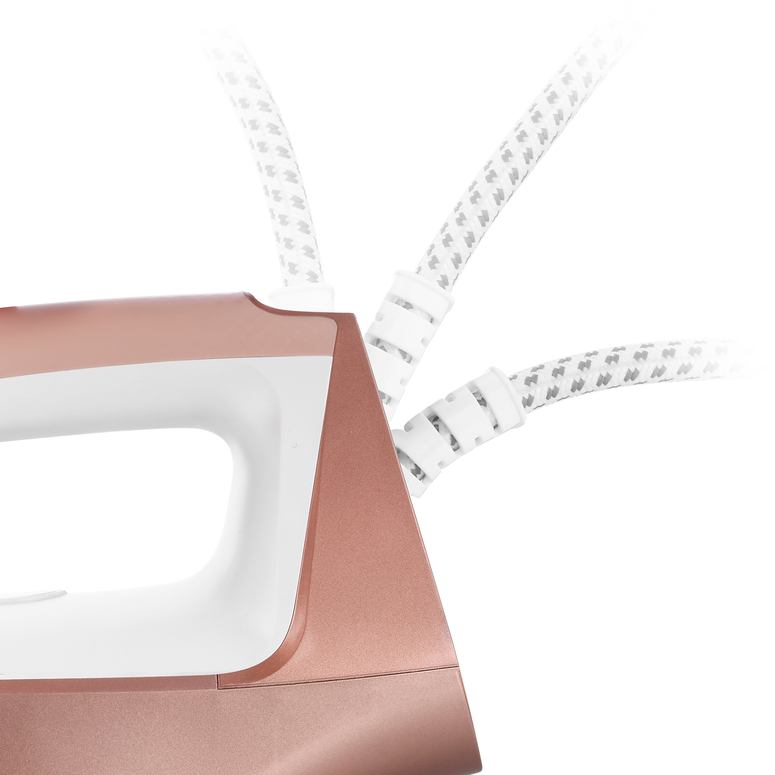 Un ferro da stiro oro rosa su sfondo bianco con tre cavi, a simboleggiare che è senza fili.