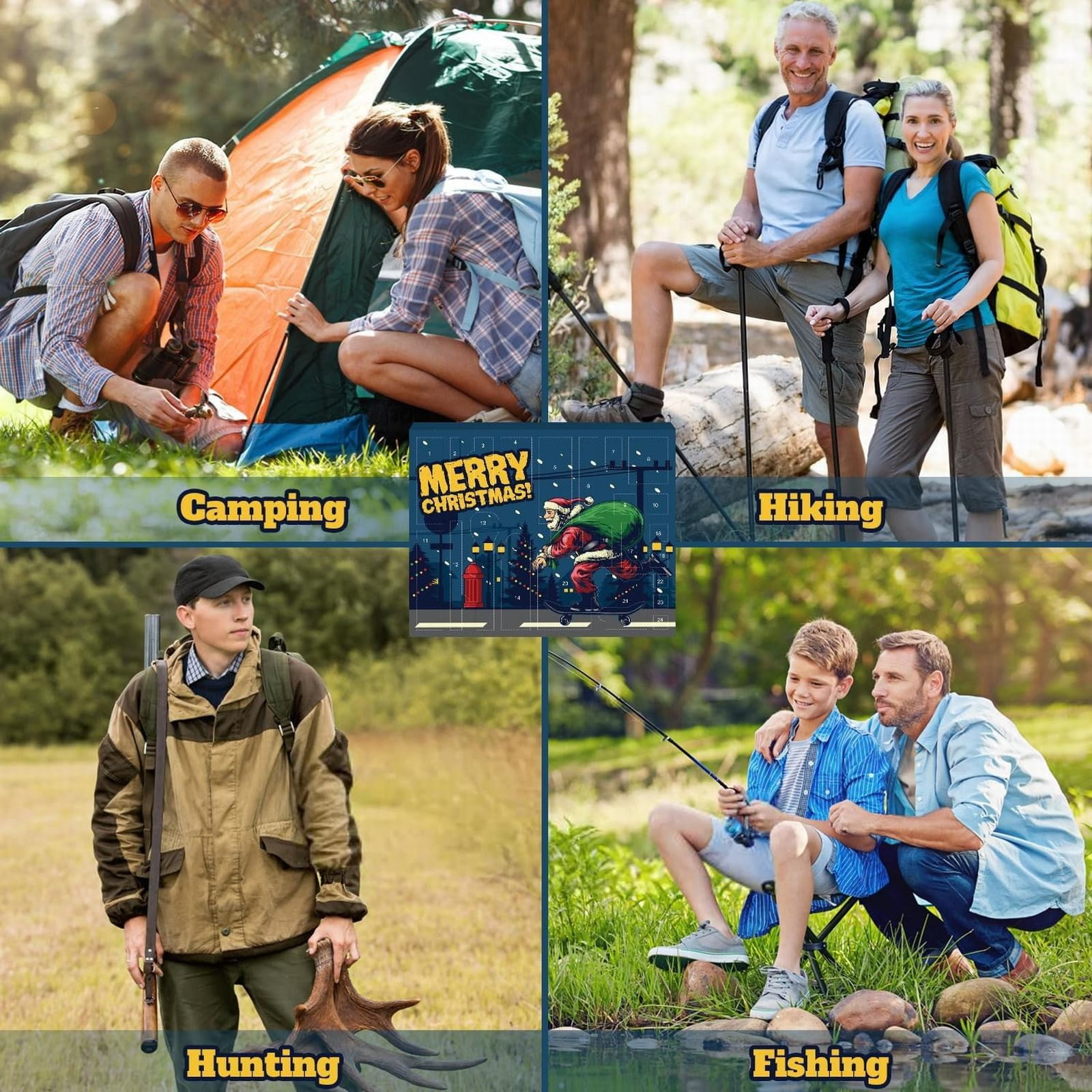 Collage von Outdoor-Aktivitäten wie Camping, Wandern, Jagen, Angeln und einer zentralen Frohe-Weihnachten-Grafik.