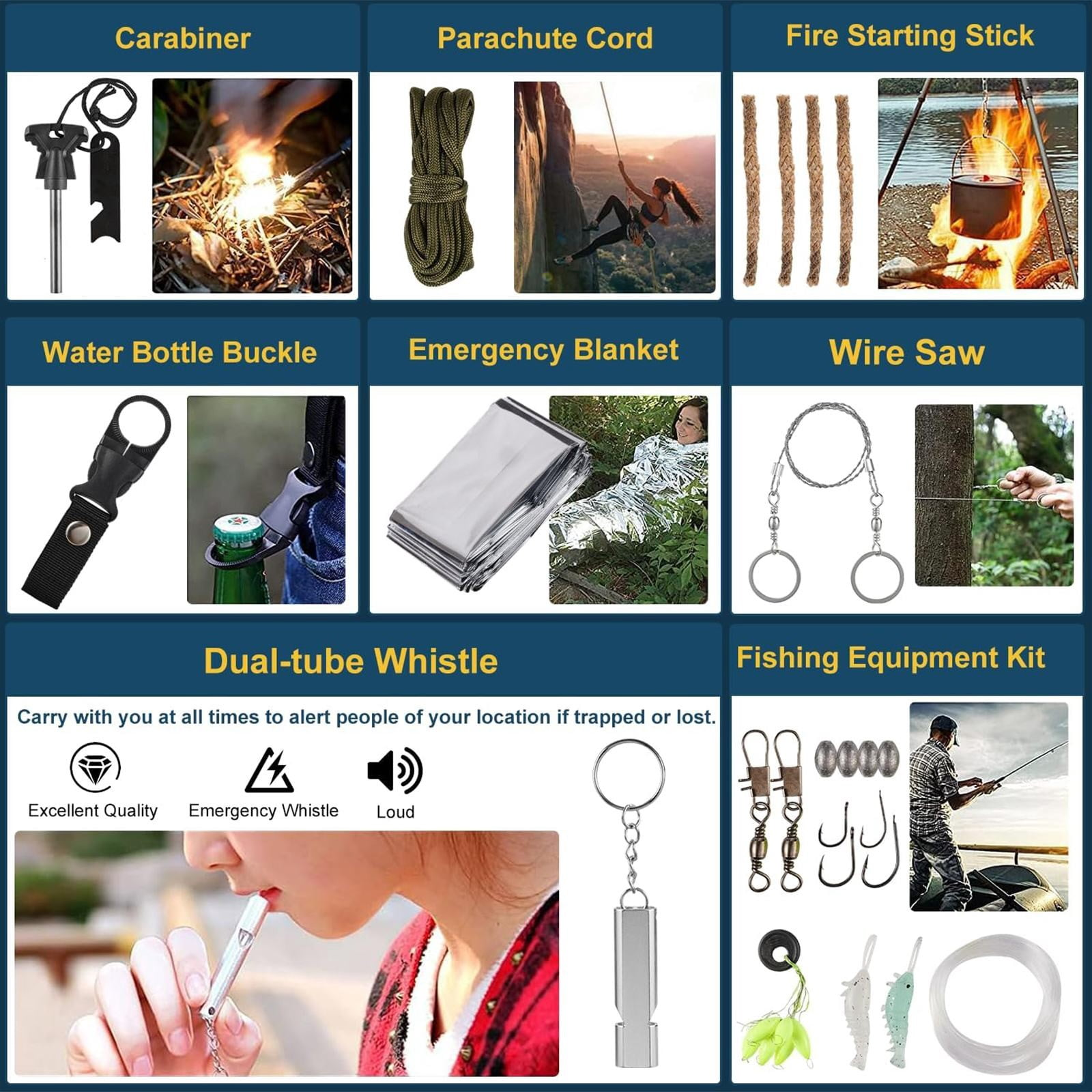 Überlebensausrüstung mit Werkzeugen wie Karabiner, Fallschirmschnur, Feuerstarter, Pfeife und Angelset.