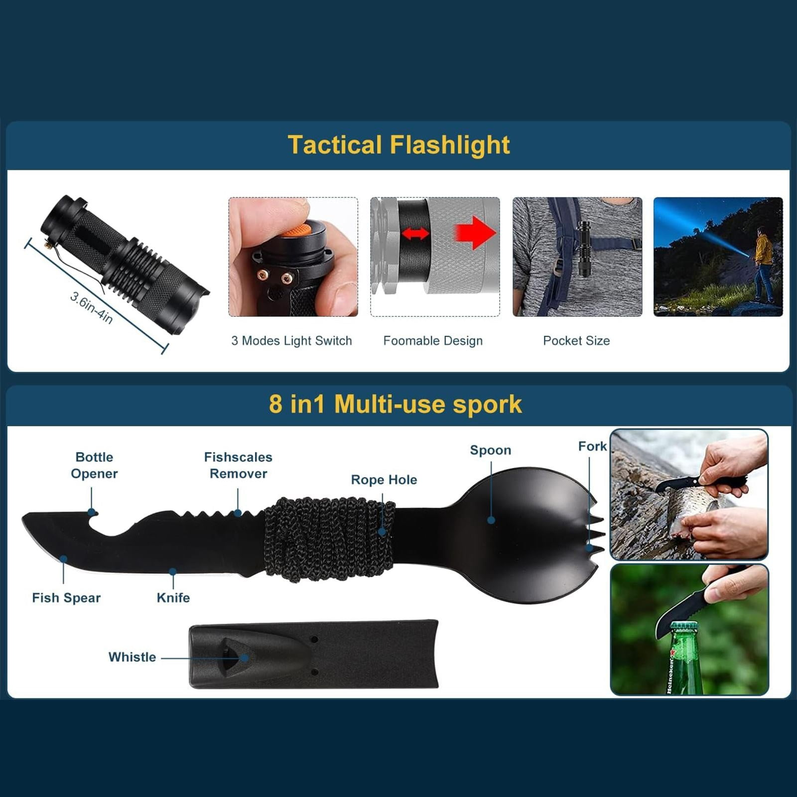 Produktanzeige für eine taktische Taschenlampe und einen multifunktionalen Bestecklöffel.